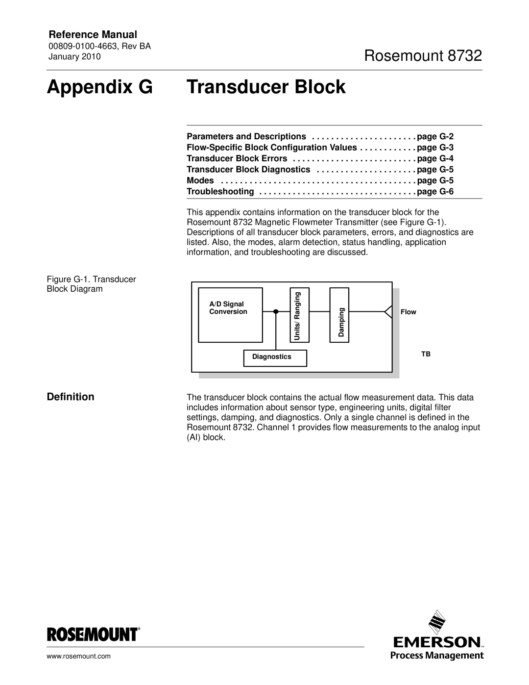 Emerson Process Management 8732 manual Appendix G Transducer Block, SignalRanging Conversion Units Diagnostics Damping Flow 