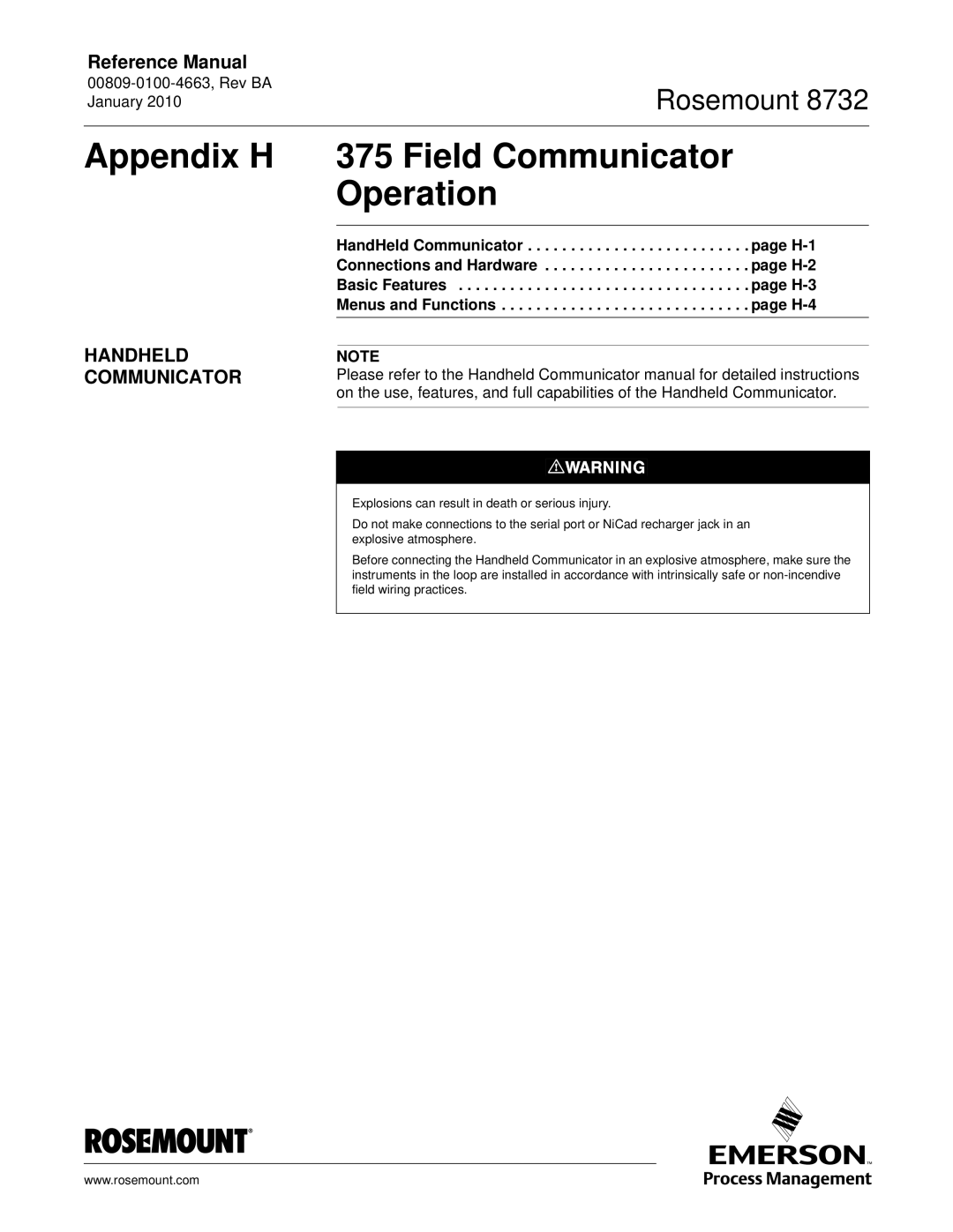 Emerson Process Management 8732 manual Appendix H 375 Field Communicator Operation, Handheld Communicator 