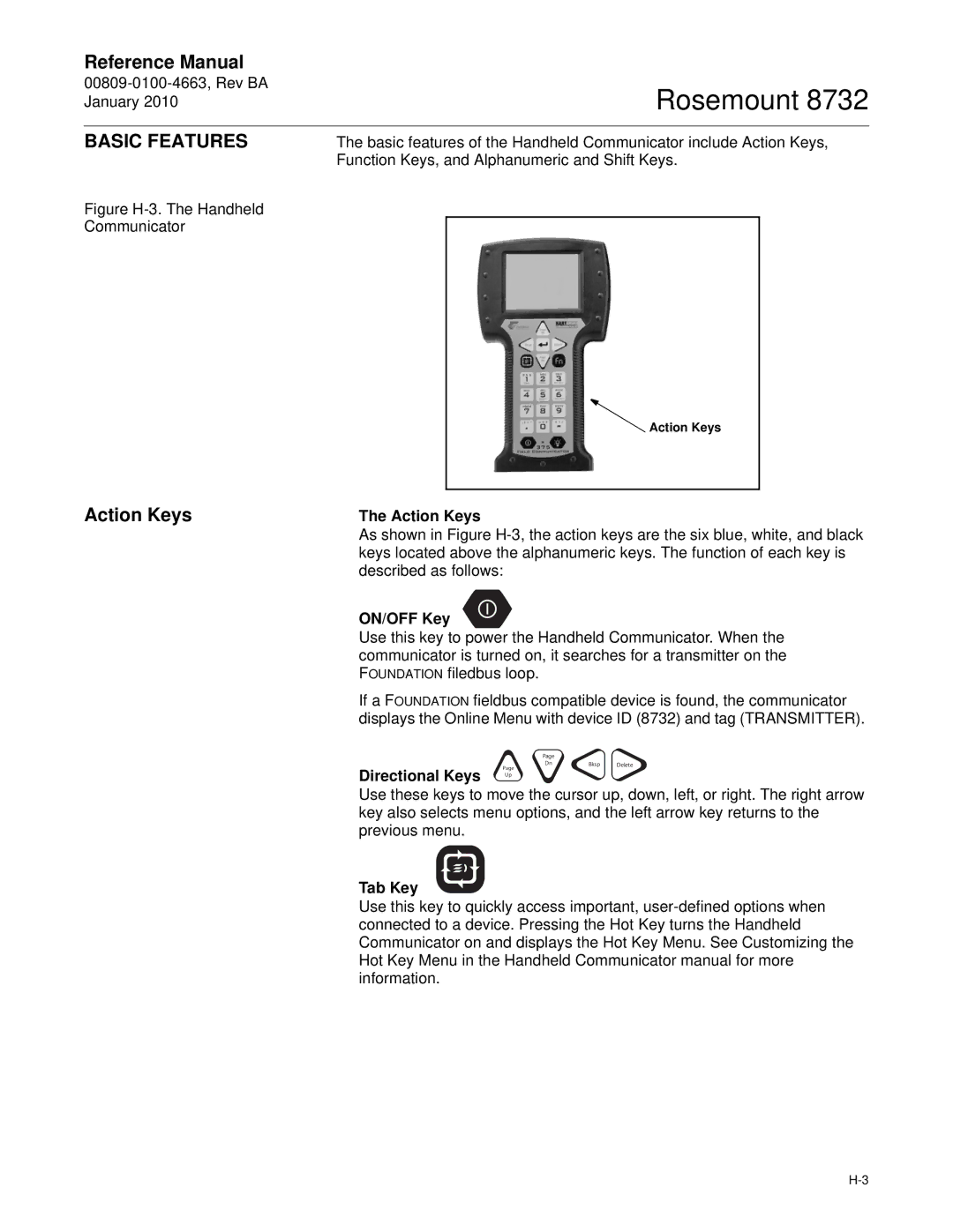 Emerson Process Management 8732 manual Action Keys, Function Keys, and Alphanumeric and Shift Keys, ON/OFF Key, Tab Key 