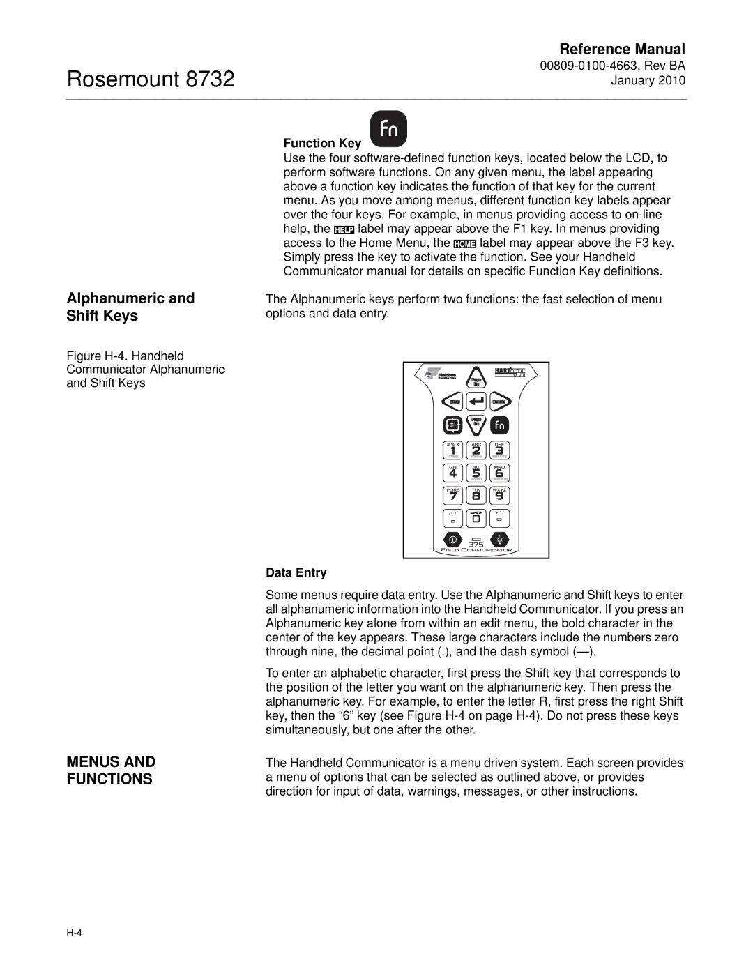 Emerson Process Management 8732 manual Alphanumeric and Shift Keys, Menus and Functions, Function Key, Data Entry 