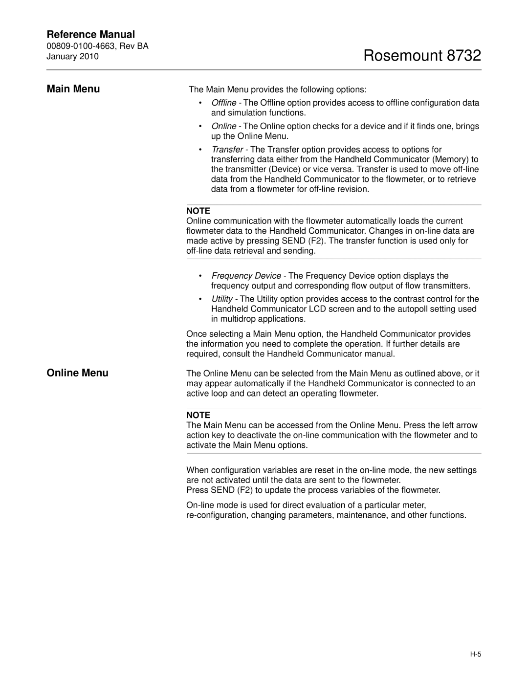 Emerson Process Management 8732 manual Main Menu, Online Menu 