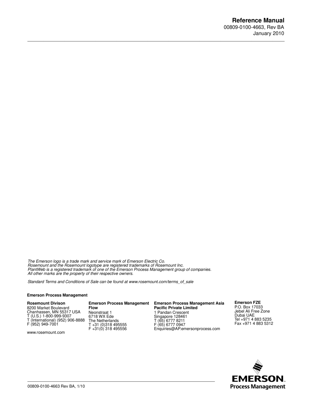 Emerson Process Management 8732 manual Rosemount Divison, Flow Pacific Private Limited, Emerson FZE 