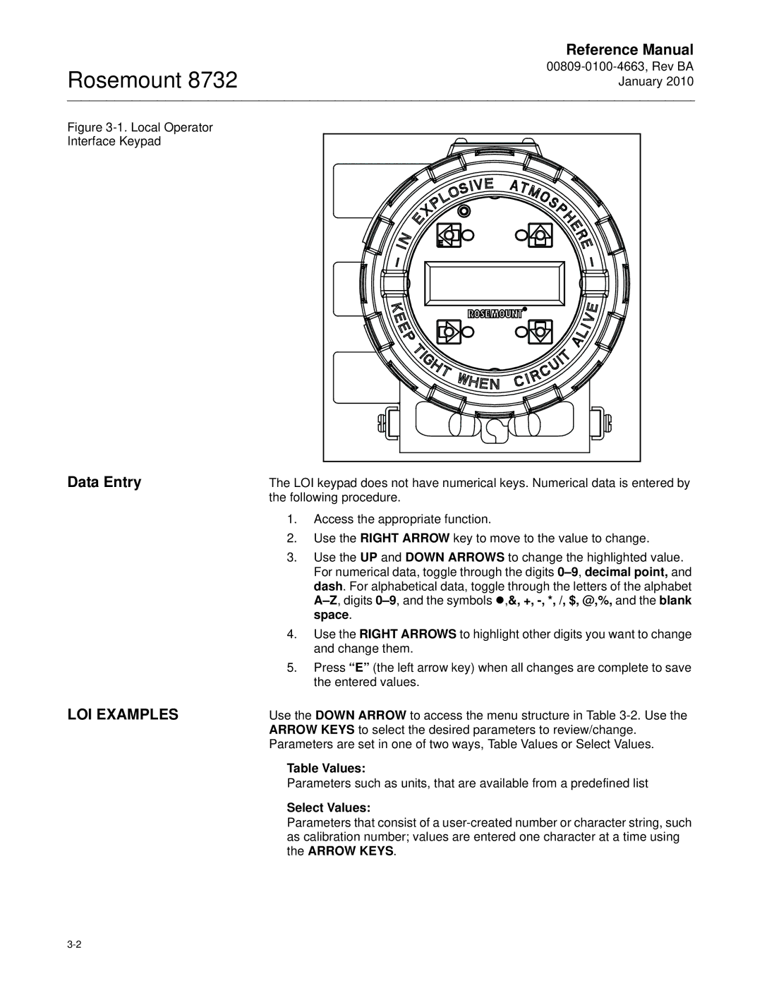 Emerson Process Management 8732 manual Data Entry, LOI Examples, Space, Table Values, Select Values 