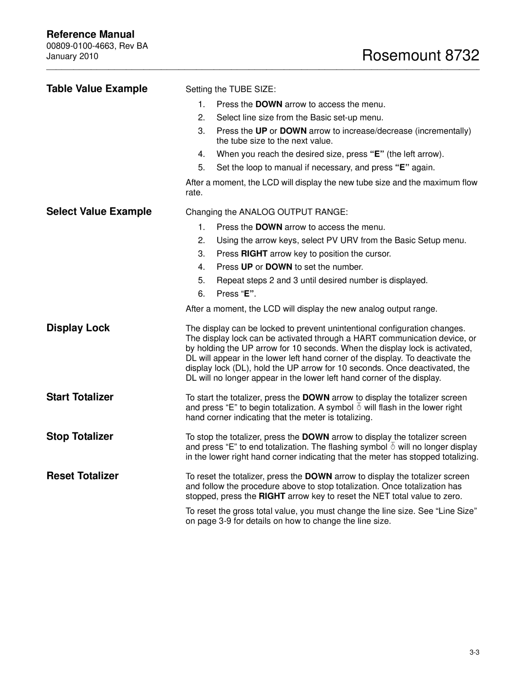 Emerson Process Management 8732 Table Value Example Select Value Example Display Lock, Start Totalizer, Stop Totalizer 