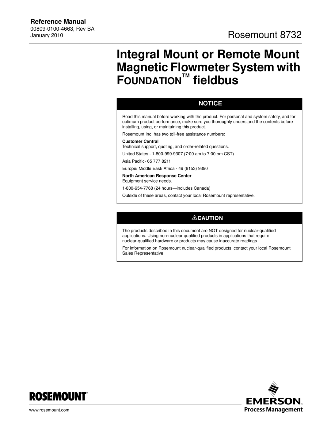 Emerson Process Management 8732 manual Customer Central, North American Response Center 