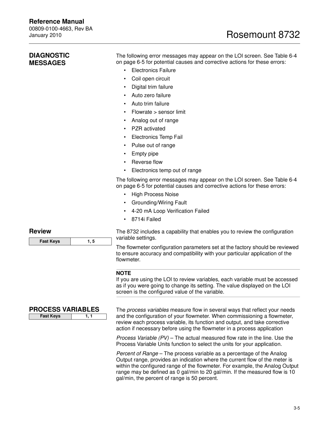 Emerson Process Management 8732 manual Diagnostic, Messages, Review, Process Variables 