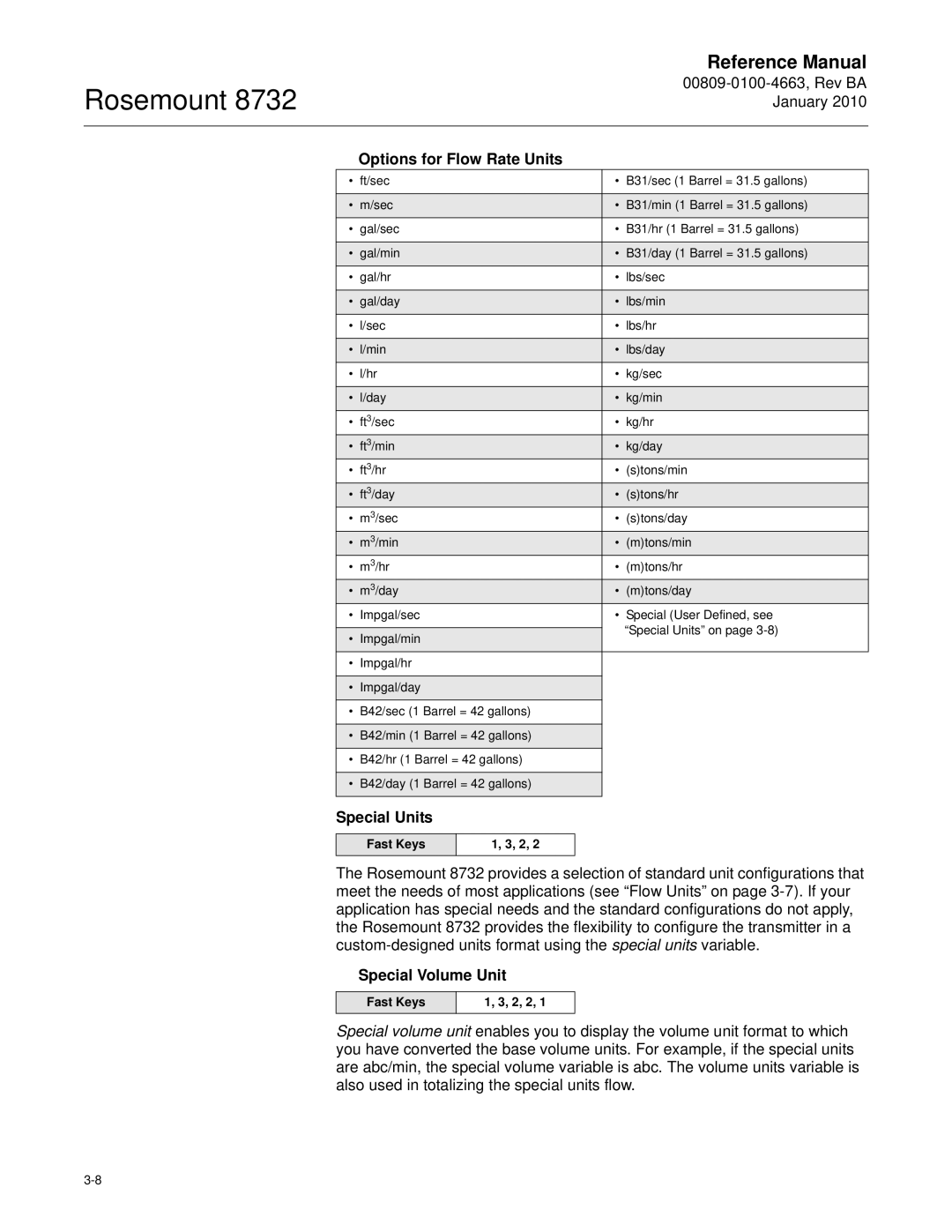 Emerson Process Management 8732 manual Options for Flow Rate Units, Special Units, Special Volume Unit, Fast Keys 2, 2 