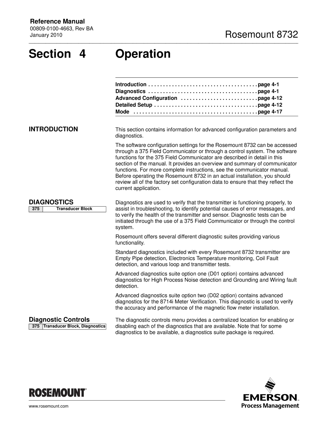 Emerson Process Management 8732 manual Section Operation, Introduction Diagnostics, Diagnostic Controls, 375 