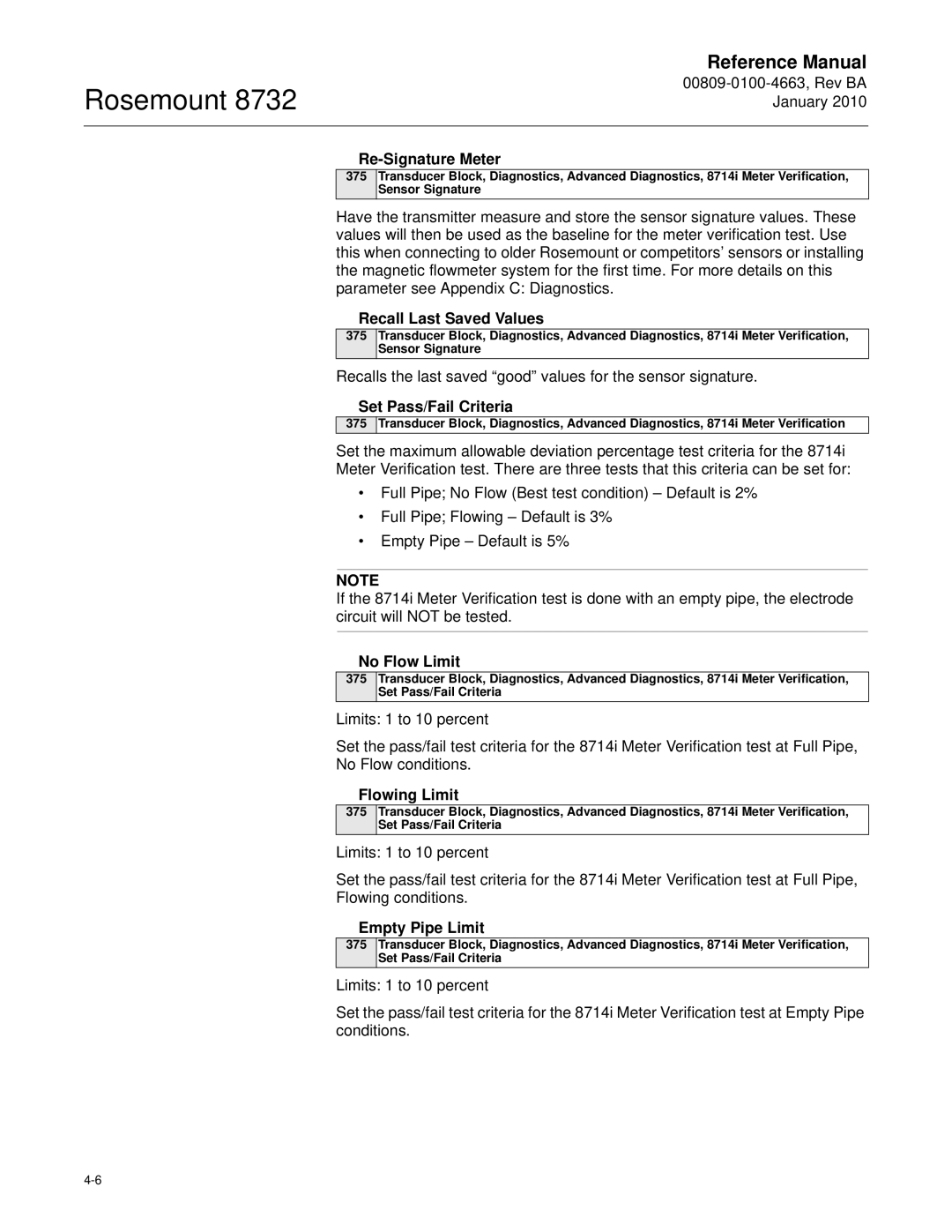 Emerson Process Management 8732 manual Re-Signature Meter, Recall Last Saved Values, Set Pass/Fail Criteria, No Flow Limit 