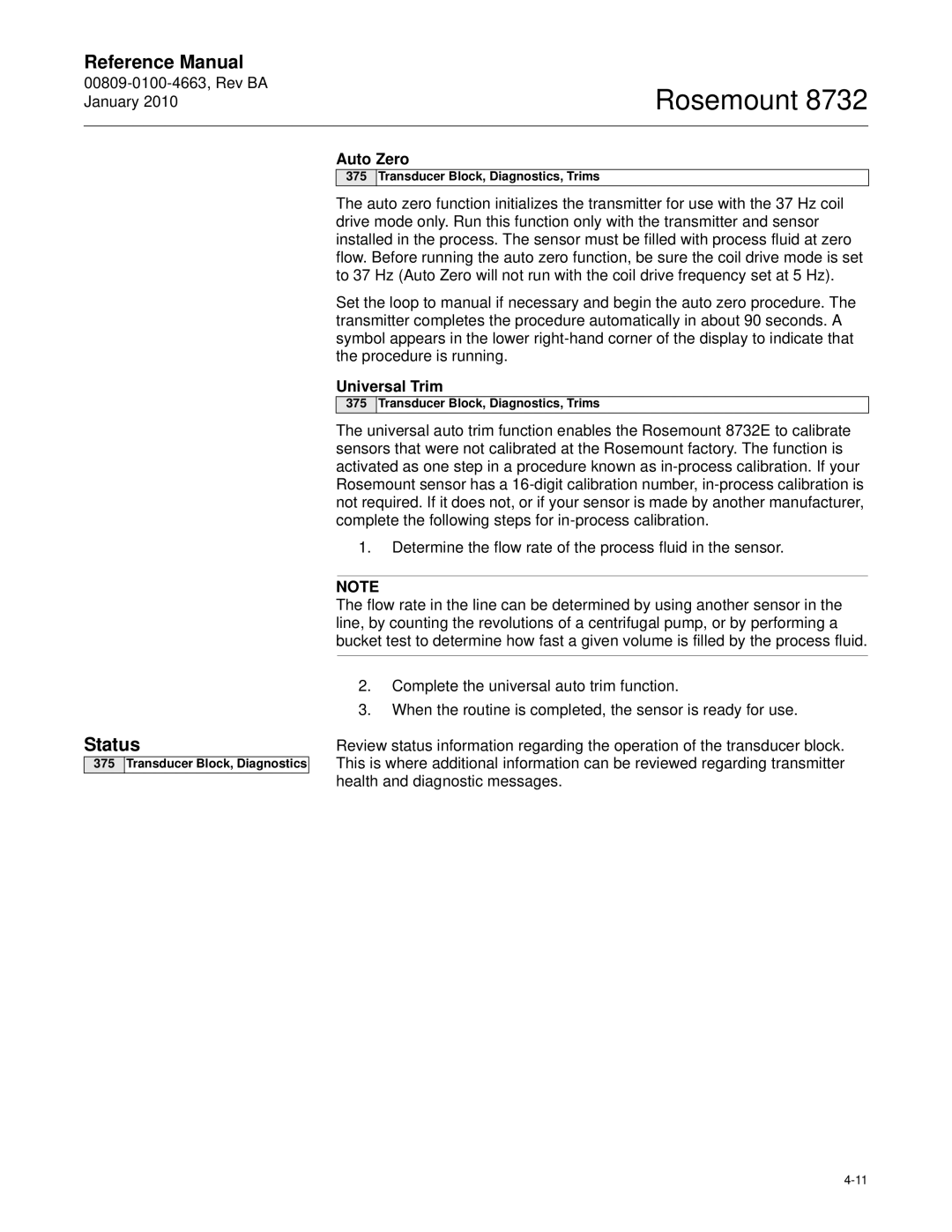 Emerson Process Management 8732 manual Status, Auto Zero, Universal Trim 