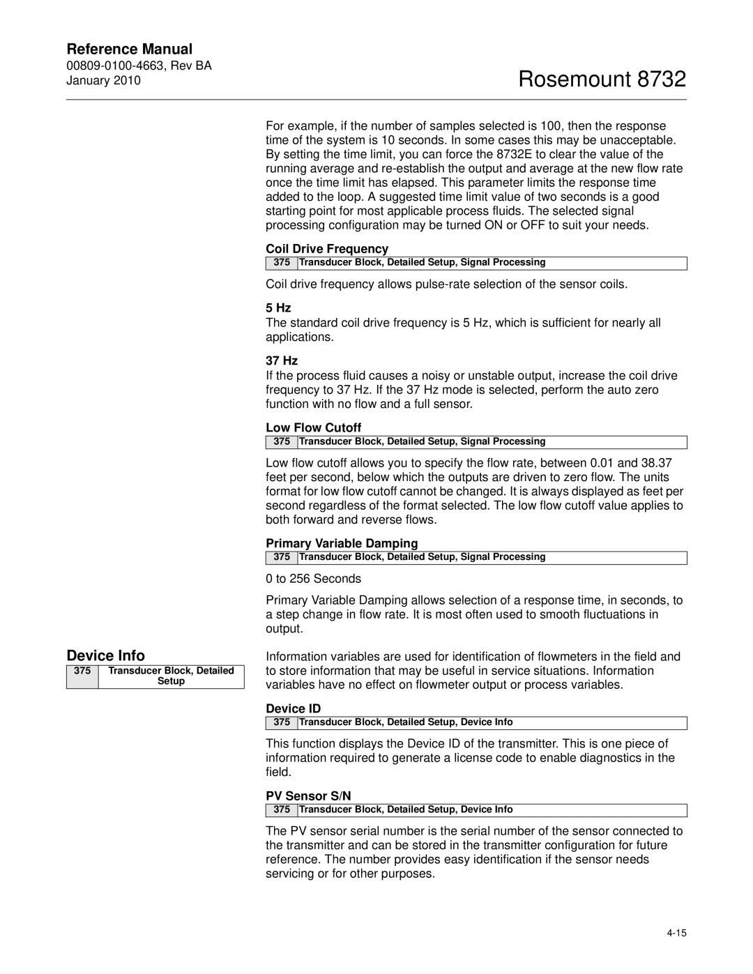 Emerson Process Management 8732 manual Device Info, Low Flow Cutoff, Primary Variable Damping, PV Sensor S/N 