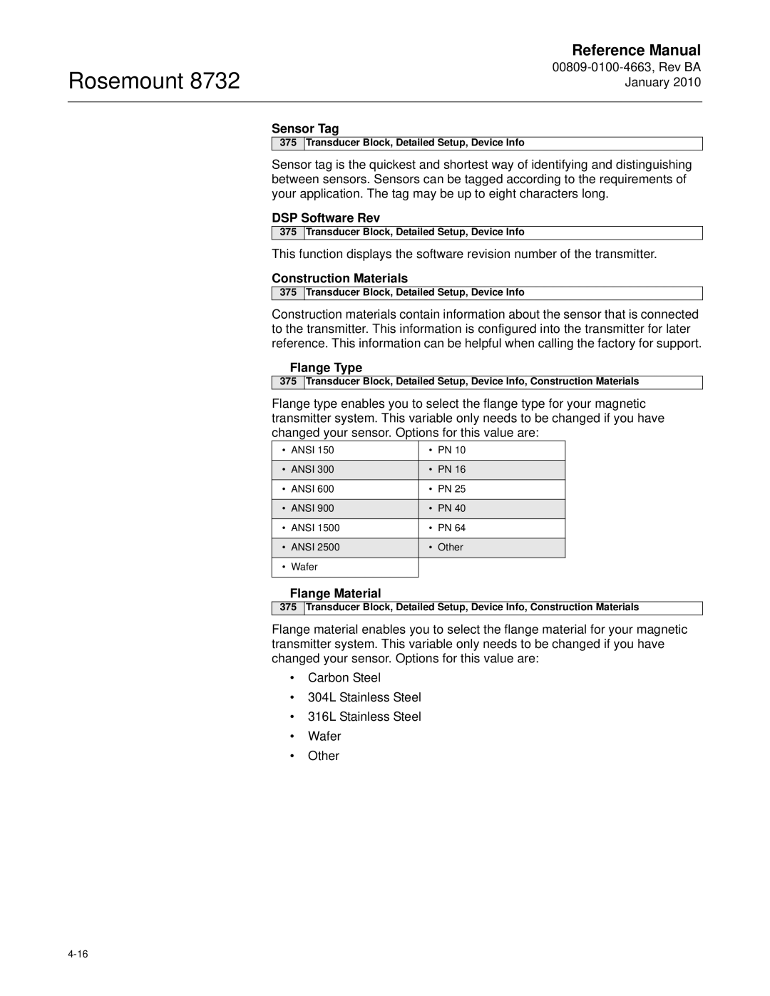 Emerson Process Management 8732 manual Sensor Tag, DSP Software Rev, Construction Materials, Flange Type, Flange Material 