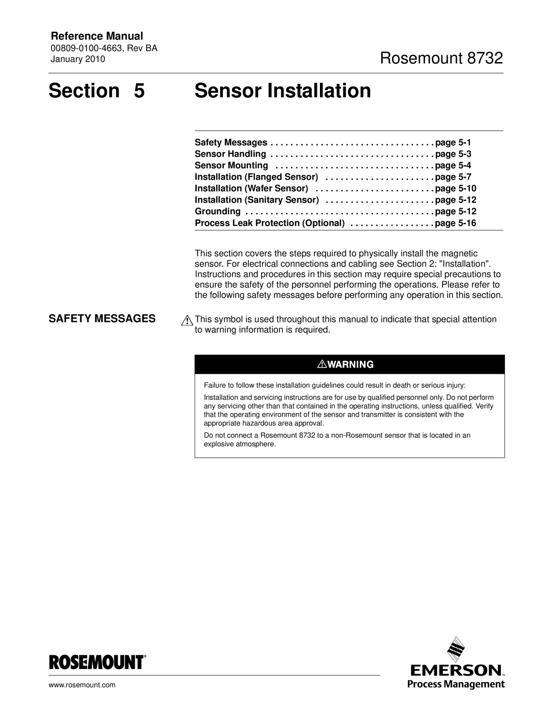 Emerson Process Management 8732 manual Sensor Installation, Process Leak Protection Optional 