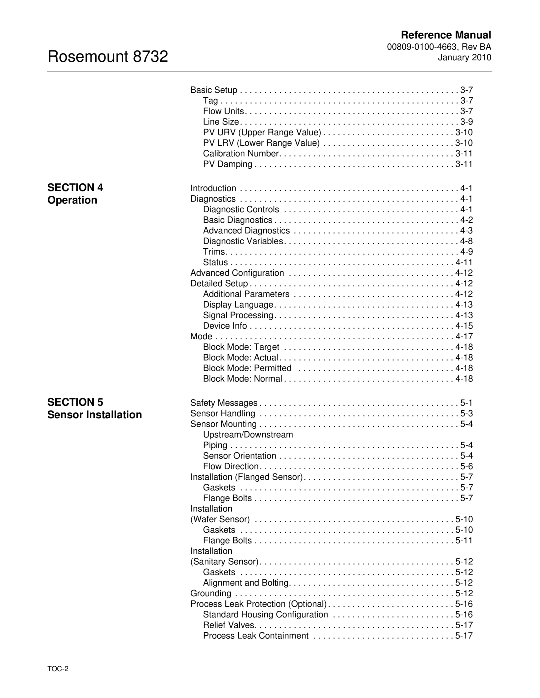 Emerson Process Management 8732 manual Section, Operation Sensor Installation 