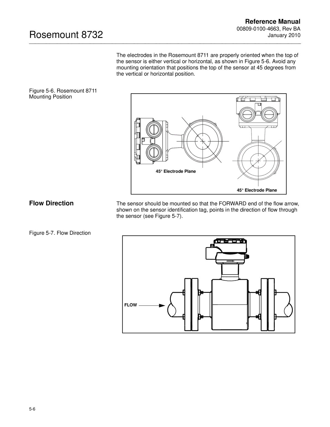 Emerson Process Management 8732 manual Flow Direction, Electrode Plane 