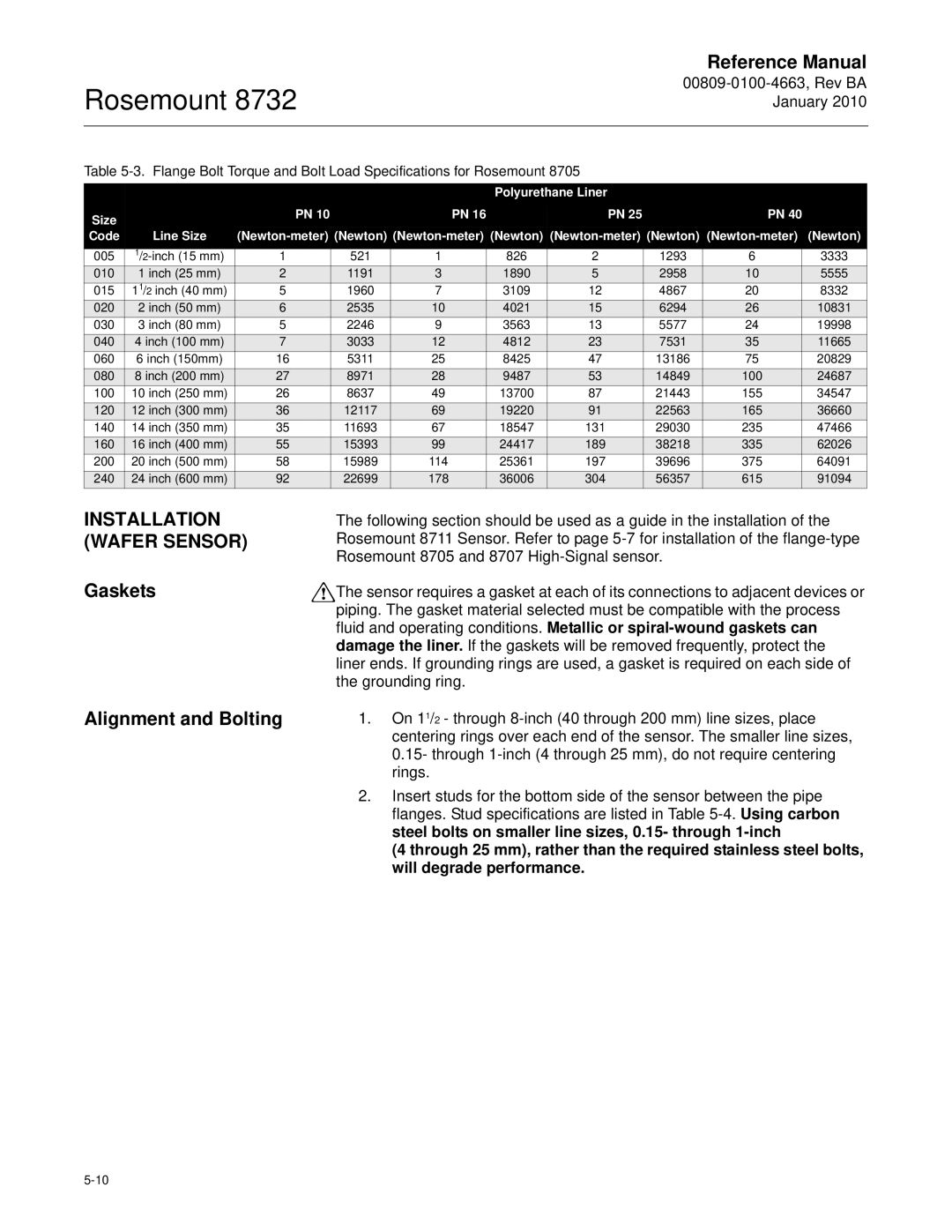 Emerson Process Management 8732 manual Installation Wafer Sensor, Gaskets Alignment and Bolting, Size Code Line Size 