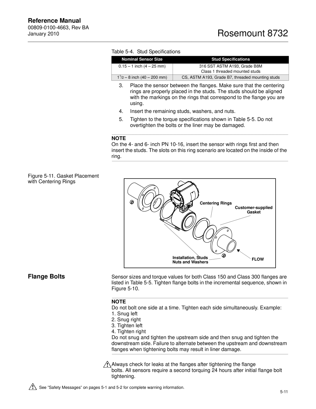 Emerson Process Management 8732 manual Nominal Sensor Size Stud Specifications, Centering Rings, Installation, Studs 