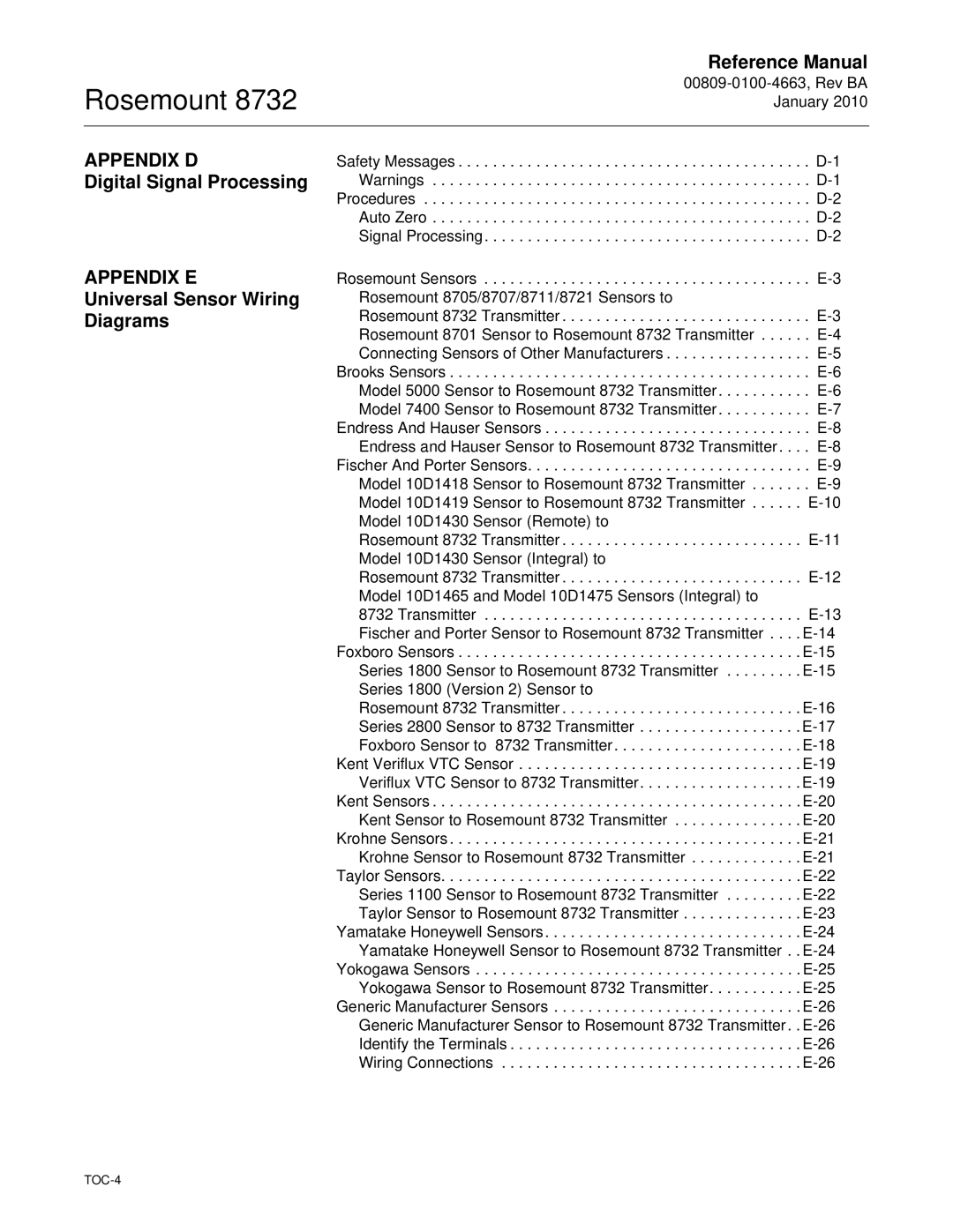 Emerson Process Management 8732 manual Appendix D, Digital Signal Processing, Appendix E, Universal Sensor Wiring Diagrams 