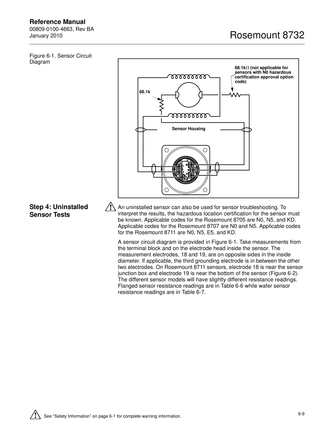 Emerson Process Management 8732 manual Uninstalled Sensor Tests, Sensor Circuit Diagram 