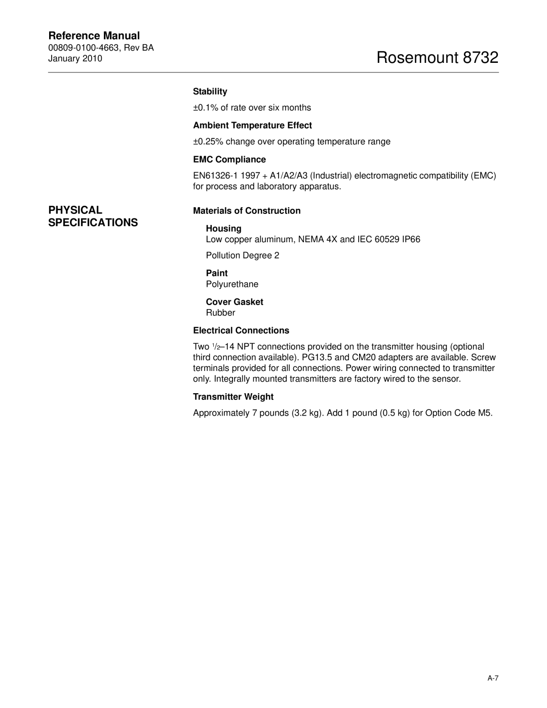 Emerson Process Management 8732 manual Physical Specifications 