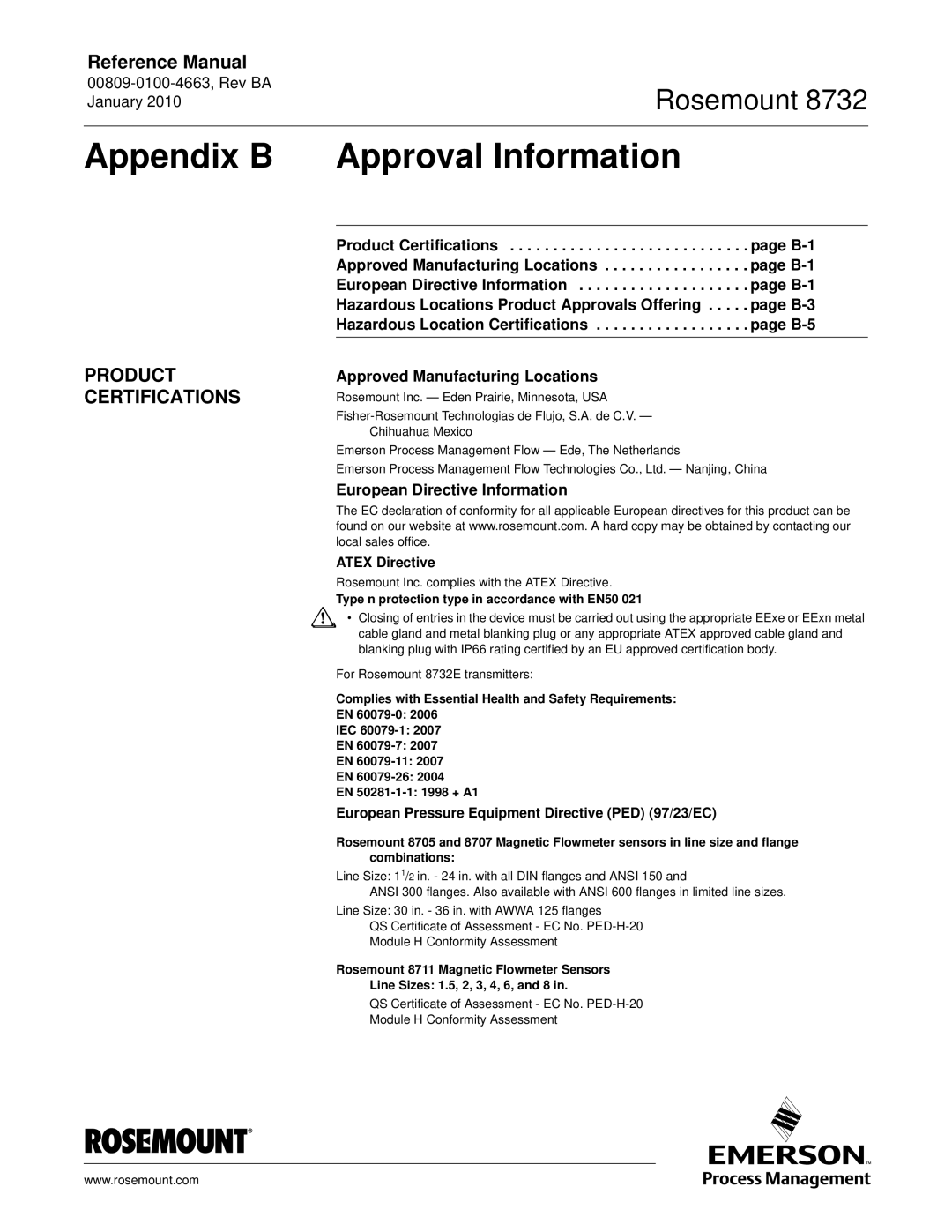 Emerson Process Management 8732 Appendix B Approval Information, Product Certifications, Approved Manufacturing Locations 