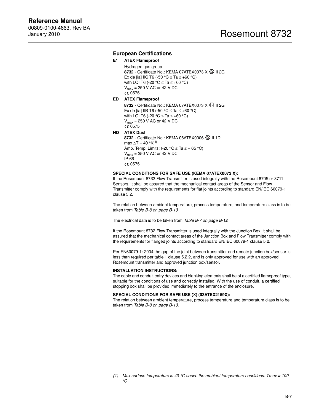 Emerson Process Management 8732 manual European Certifications, E1 Atex Flameproof, ED Atex Flameproof, ND Atex Dust 