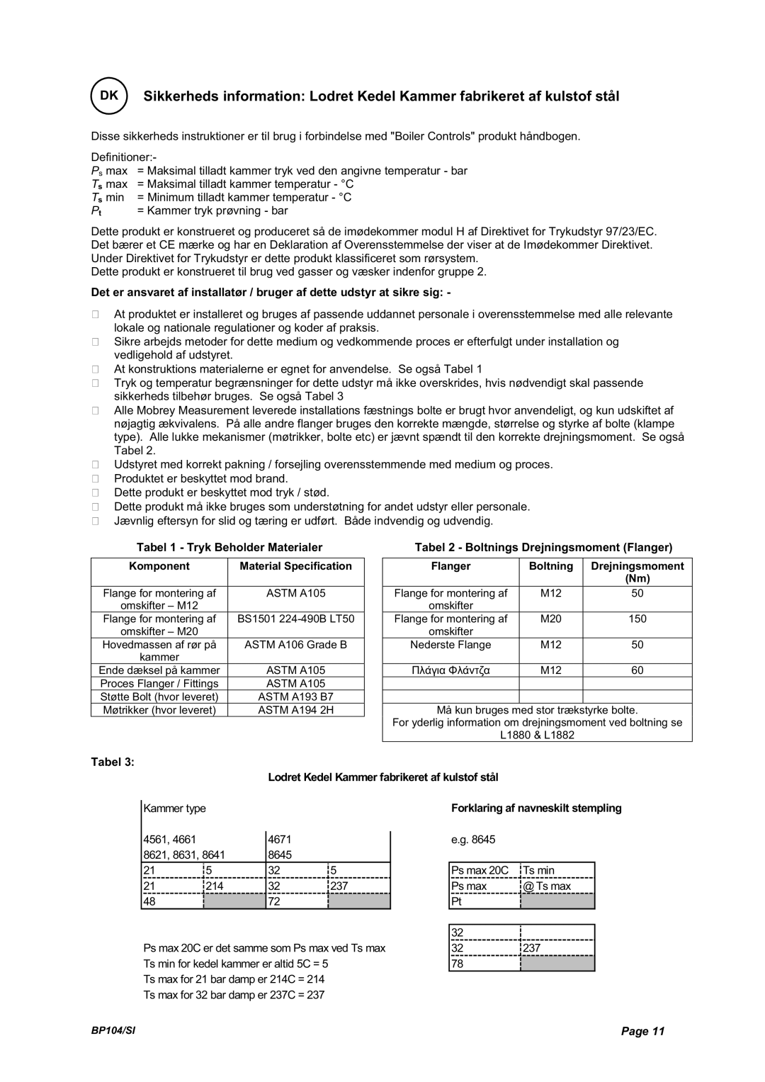 Emerson Process Management BP104 manual Tabel 1 Tryk Beholder Materialer, Tabel Tabel 2 Boltnings Drejningsmoment Flanger 