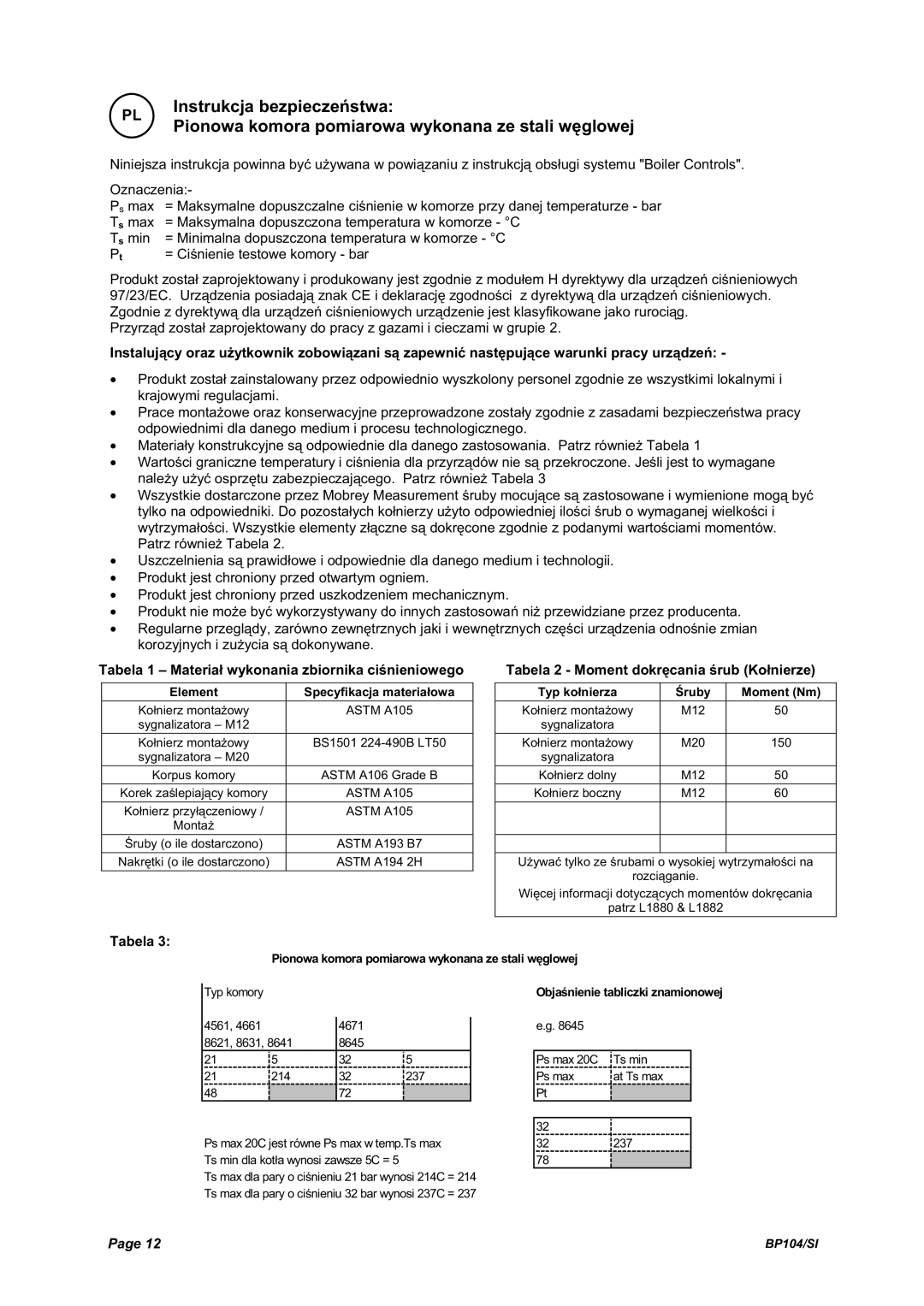 Emerson Process Management BP104 manual Tabela 1 Materiaá wykonania zbiornika ciĞnieniowego 