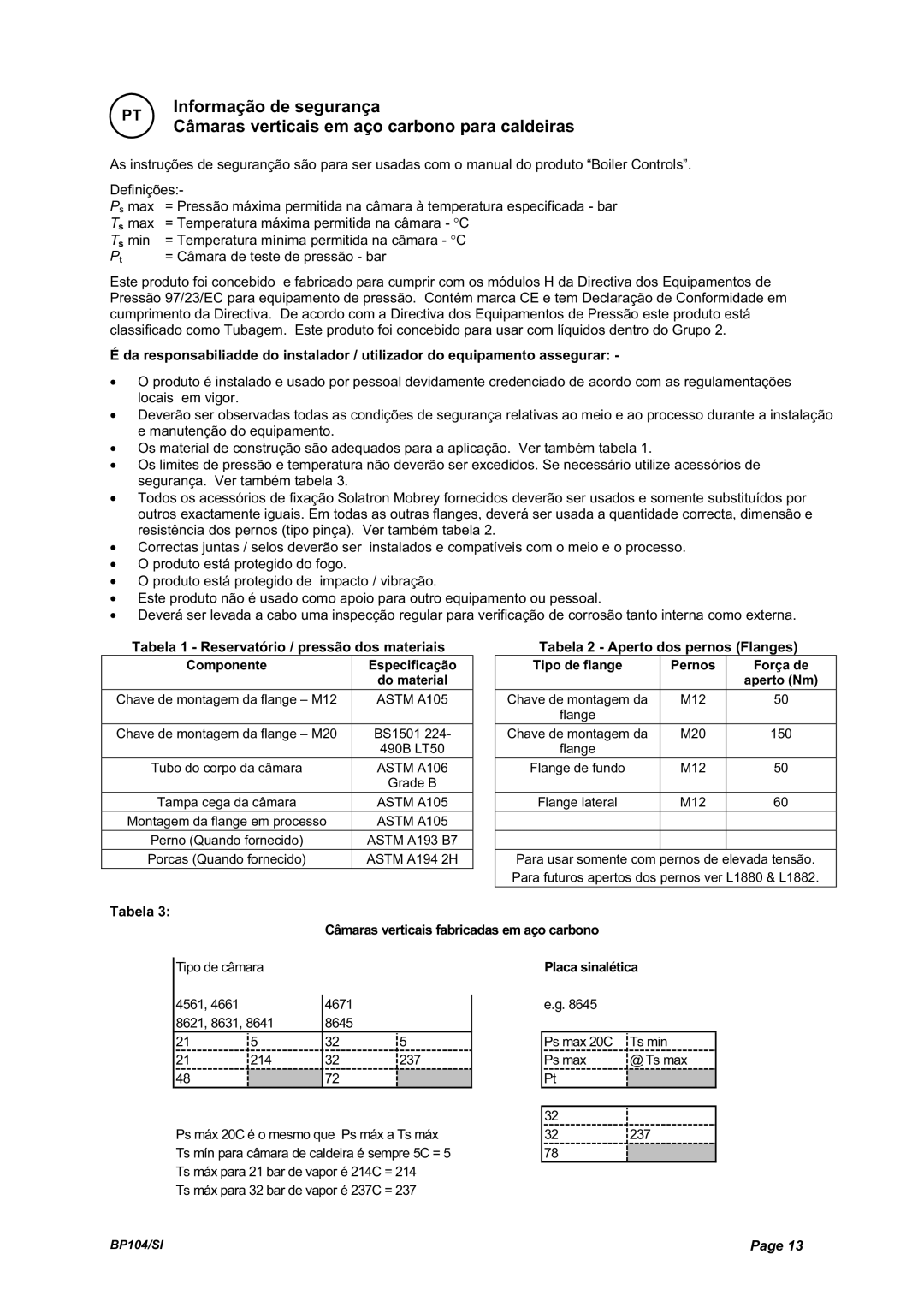 Emerson Process Management BP104 Tabela 1 Reservatório / pressão dos materiais, Tabela Tabela 2 Aperto dos pernos Flanges 