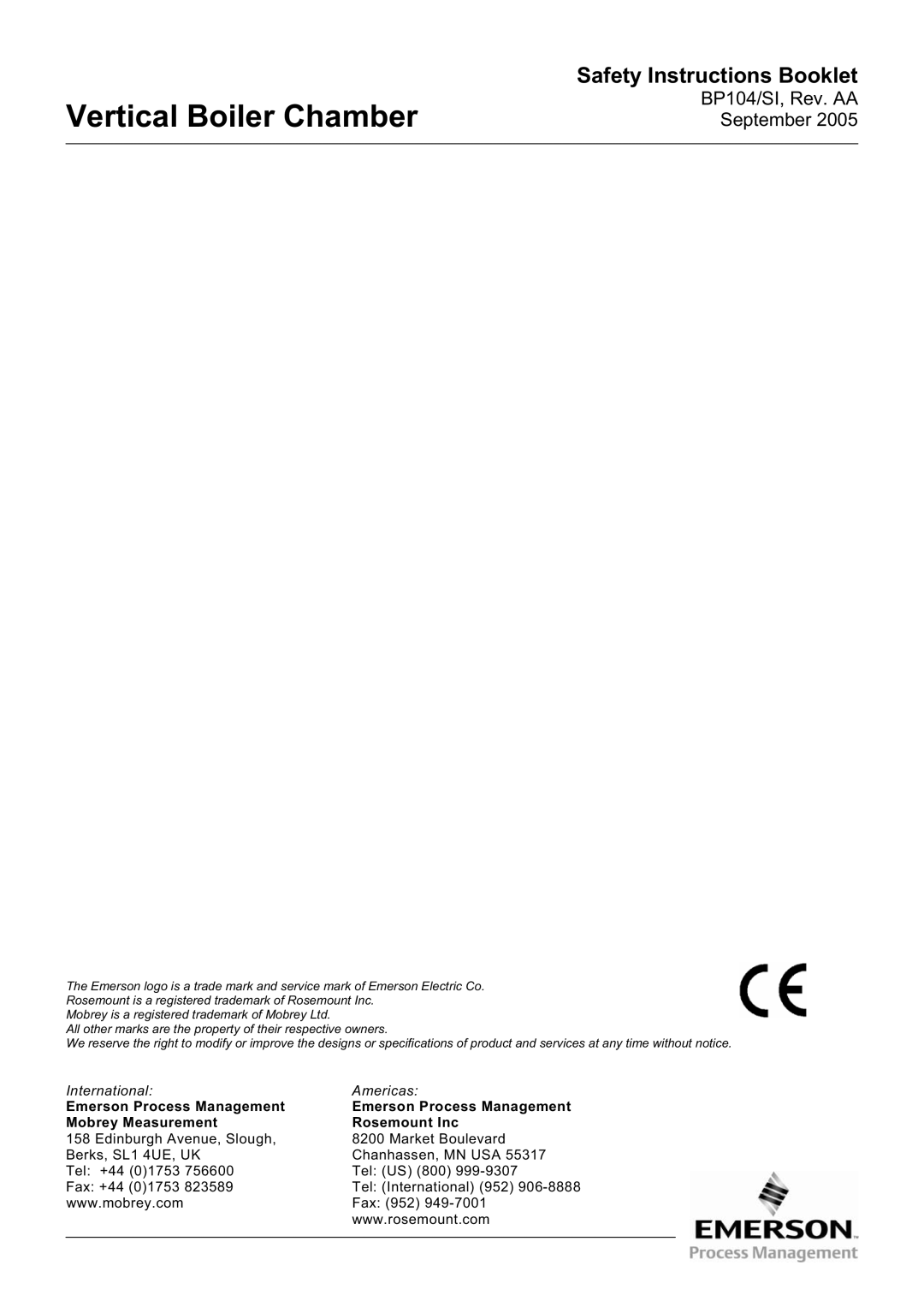 Emerson Process Management BP104 manual Emerson Process Management Mobrey Measurement Rosemount Inc 