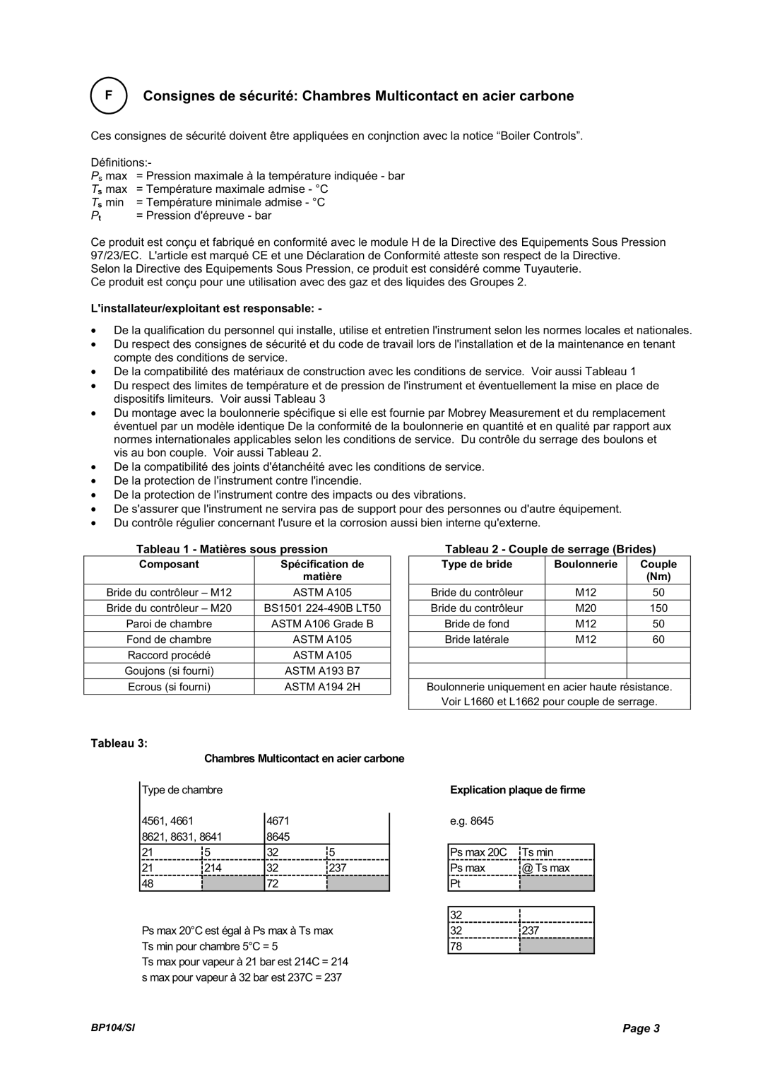 Emerson Process Management BP104 Linstallateur/exploitant est responsable, Tableau Chambres Multicontact en acier carbone 