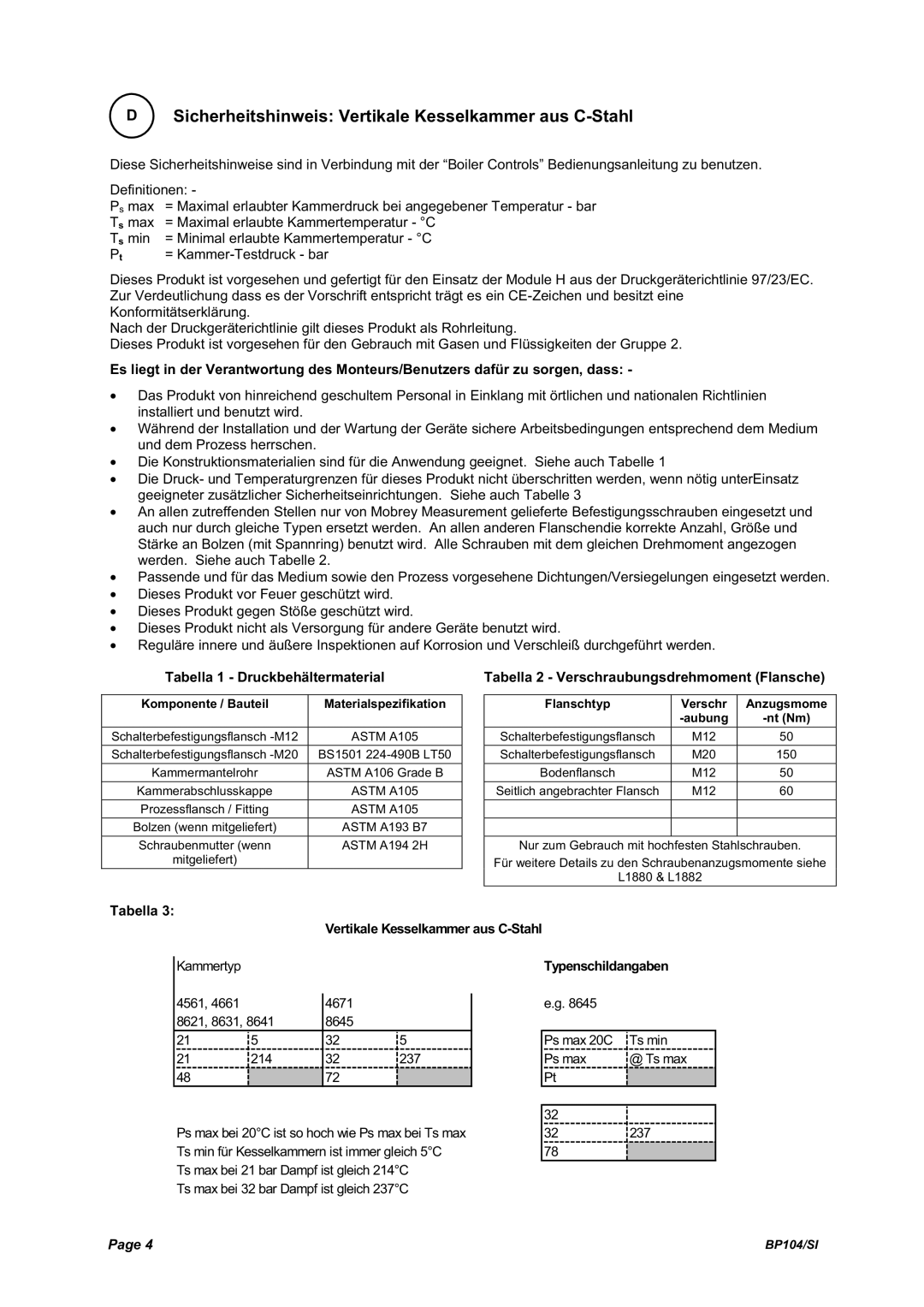 Emerson Process Management BP104 manual Tabella 1 Druckbehältermaterial, Tabella 2 Verschraubungsdrehmoment Flansche 