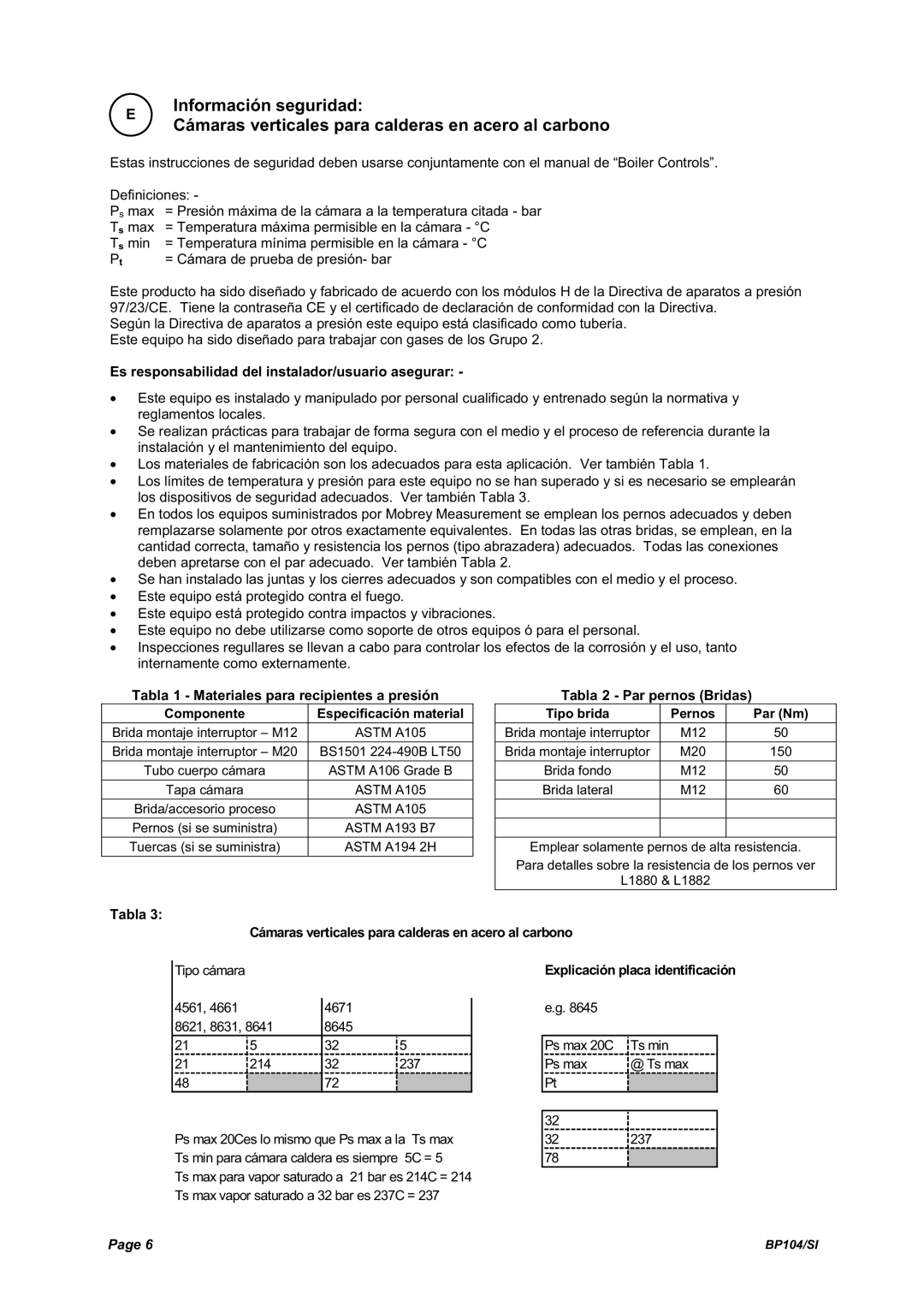 Emerson Process Management BP104 manual Es responsabilidad del instalador/usuario asegurar, Tabla Tabla 2 Par pernos Bridas 