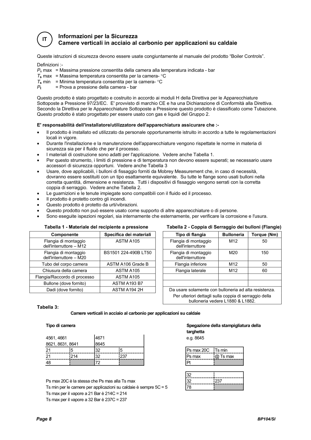 Emerson Process Management BP104 manual Tabella 1 Materiale del recipiente a pressione, Componente Specifica dei materiali 