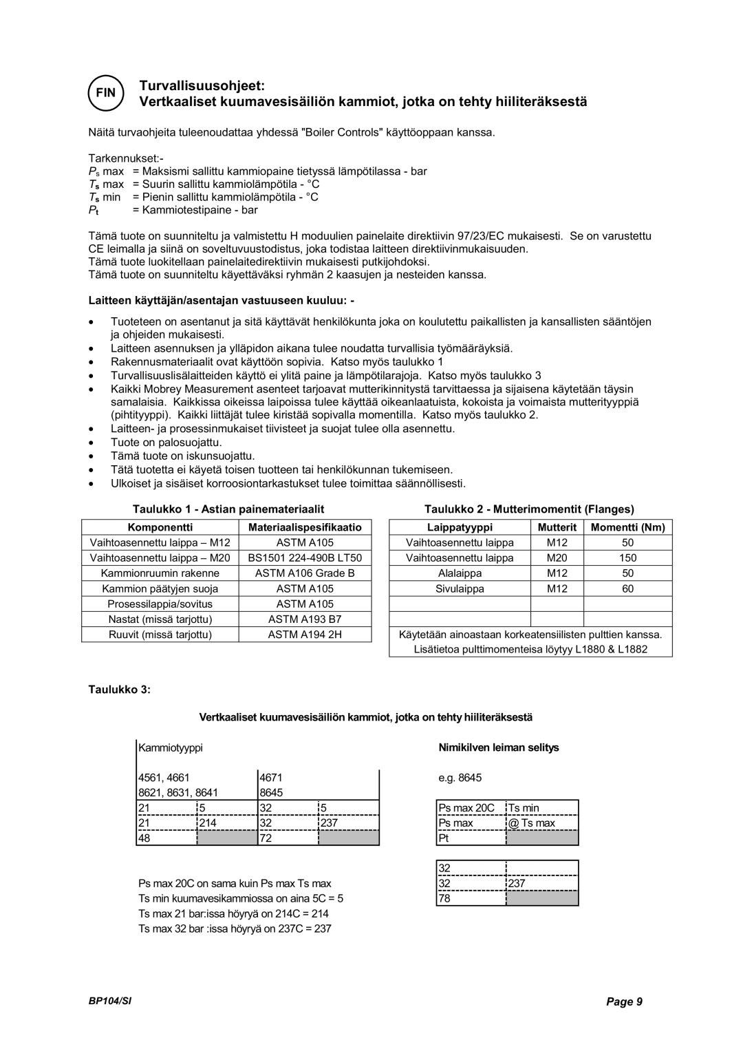 Emerson Process Management BP104 manual Laitteen käyttäjän/asentajan vastuuseen kuuluu, Taulukko 1 Astian painemateriaalit 