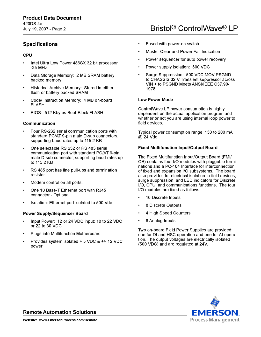 Emerson Process Management ControlWave LP Specifications, Communication, Low Power Mode, Power Supply/Sequencer Board 