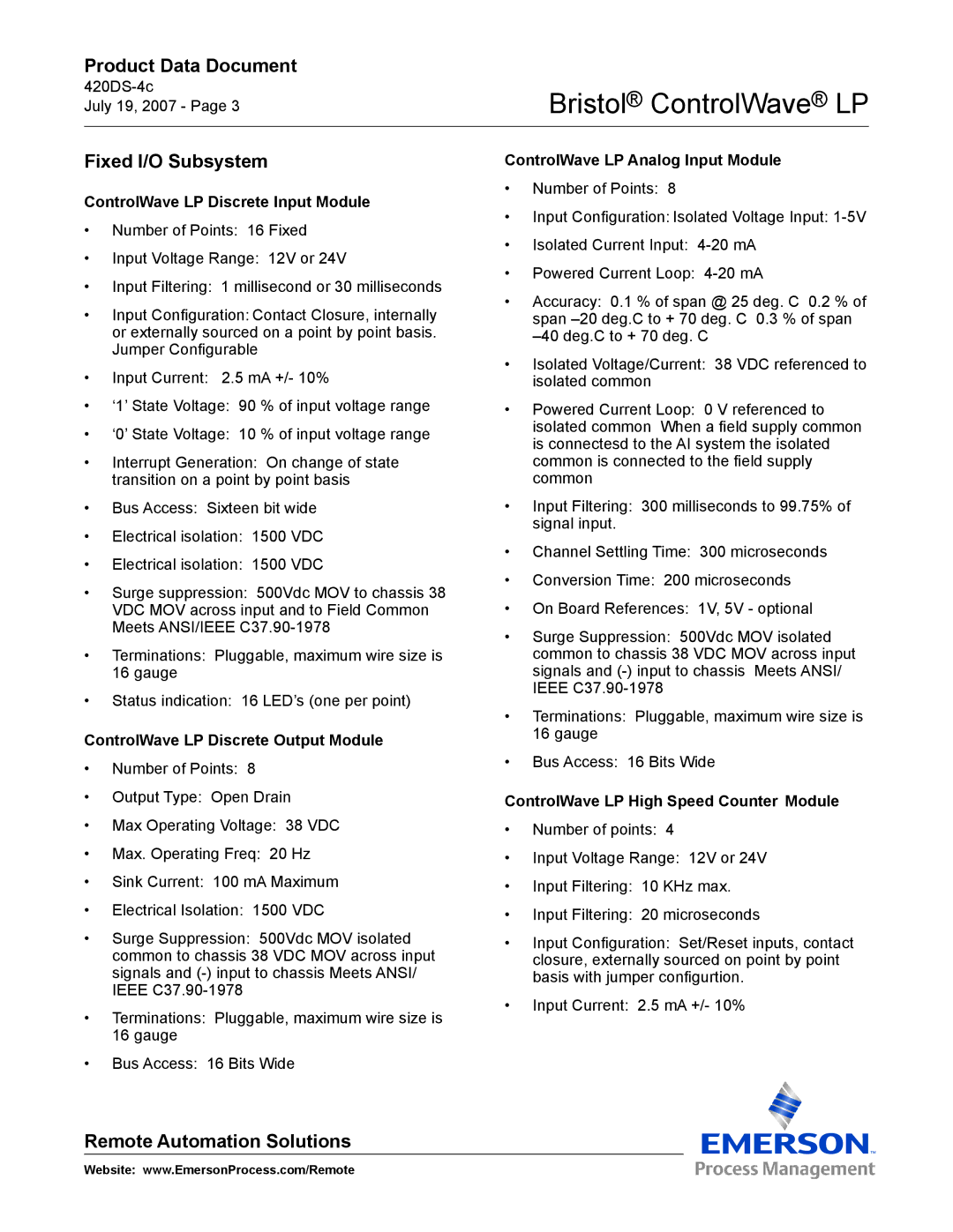 Emerson Process Management manual Fixed I/O Subsystem, ControlWave LP Discrete Input Module 