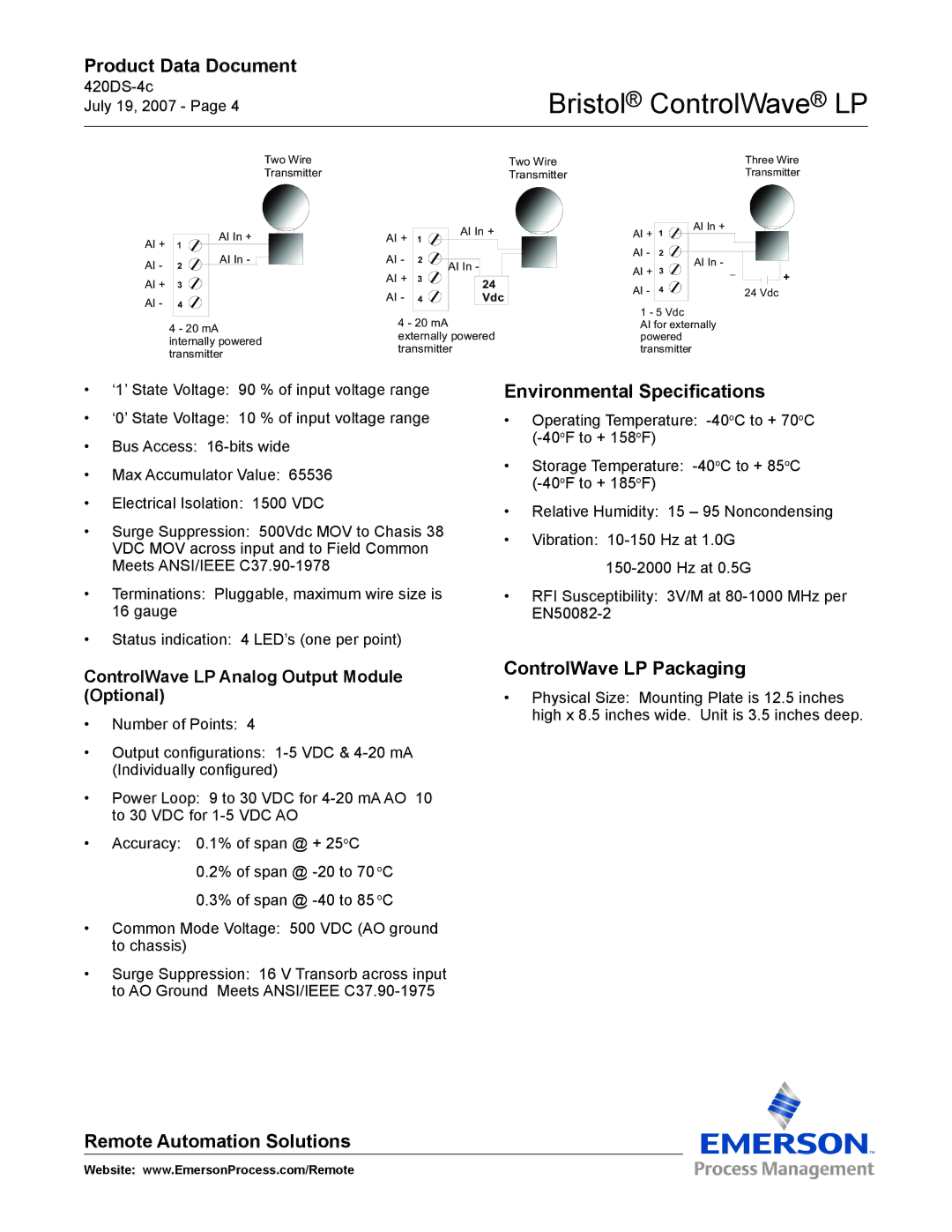 Emerson Process Management manual Environmental Specifications, ControlWave LP Packaging 