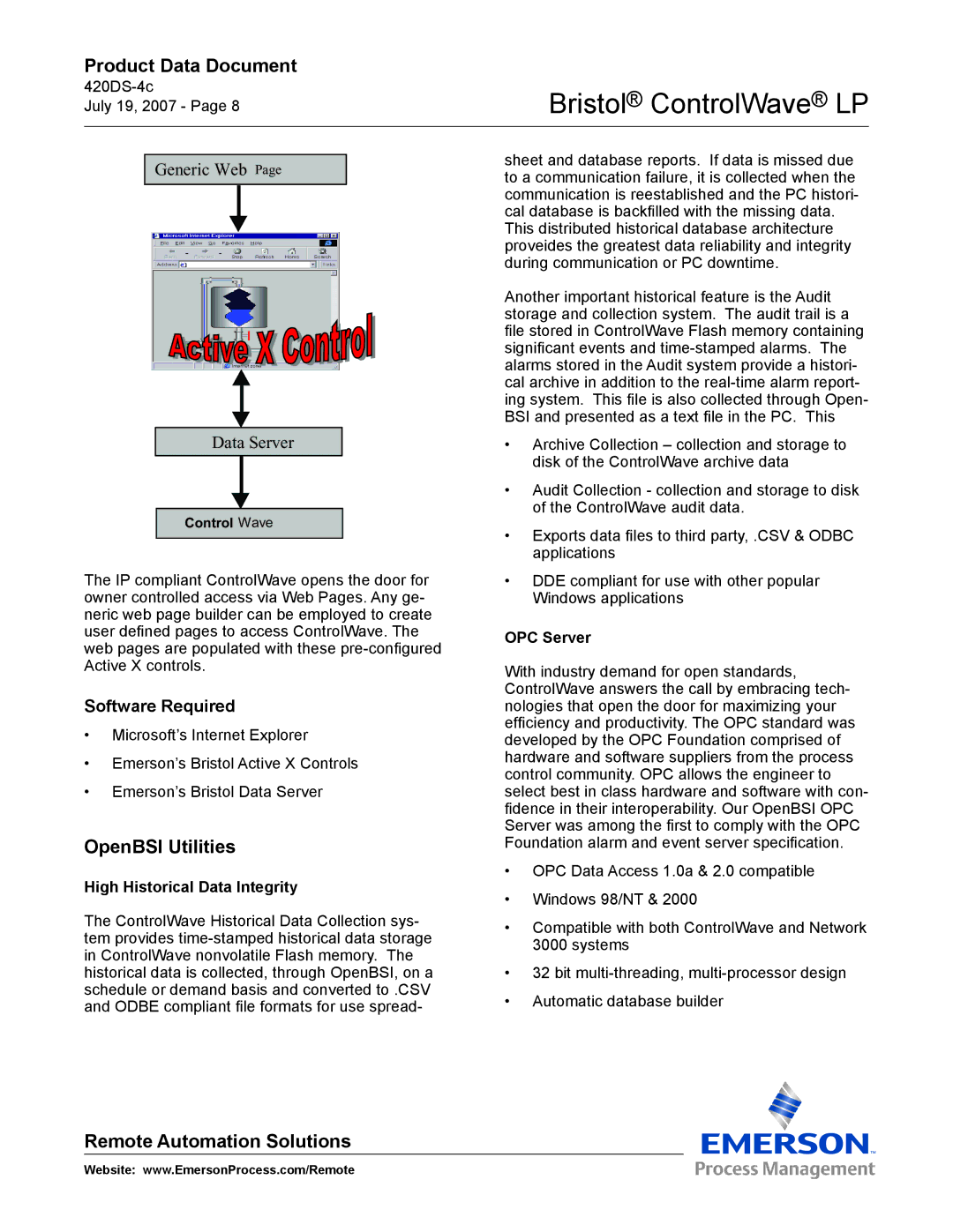 Emerson Process Management ControlWave LP OpenBSI Utilities, Software Required, High Historical Data Integrity, OPC Server 