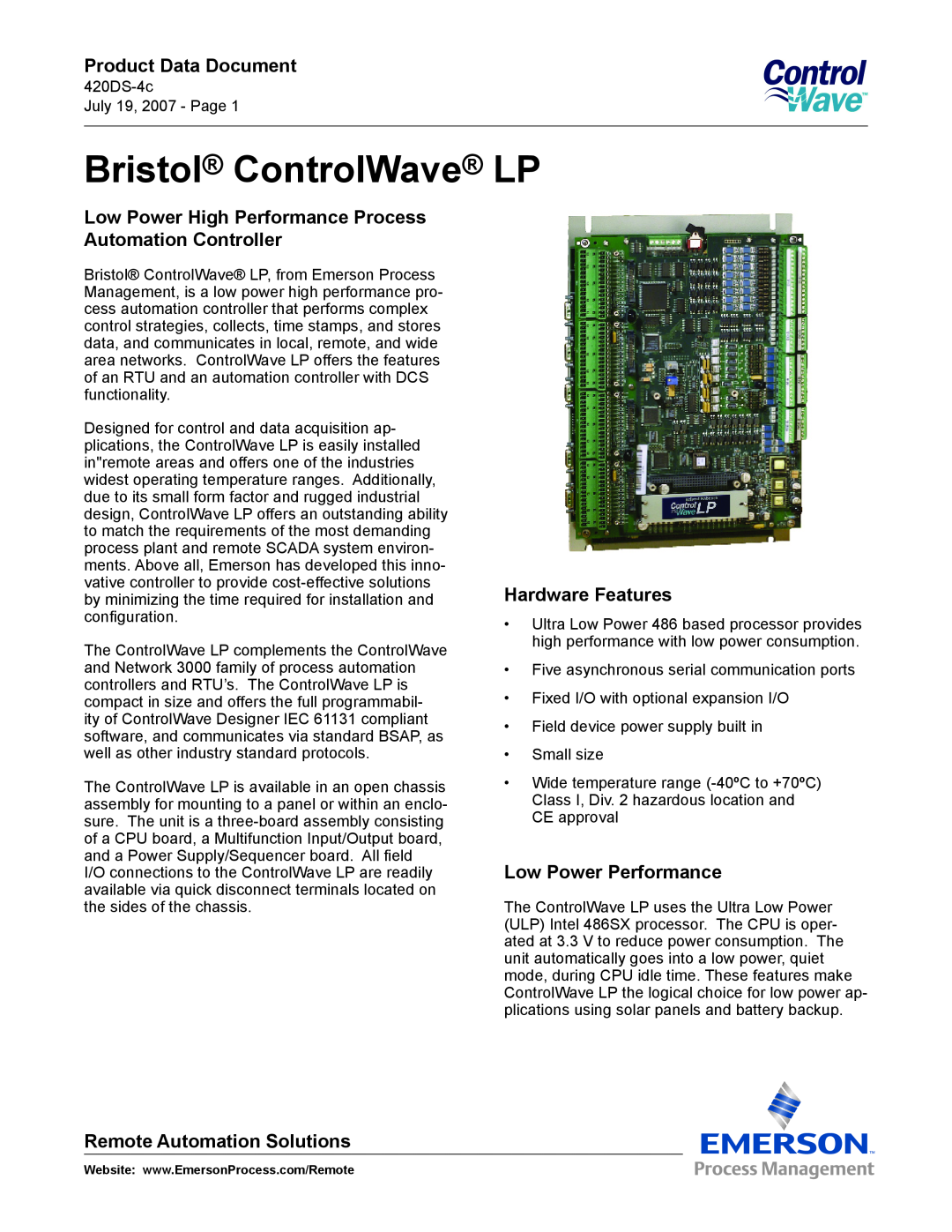 Emerson Process Management ControlWave LP manual Product Data Document, Hardware Features, Low Power Performance 