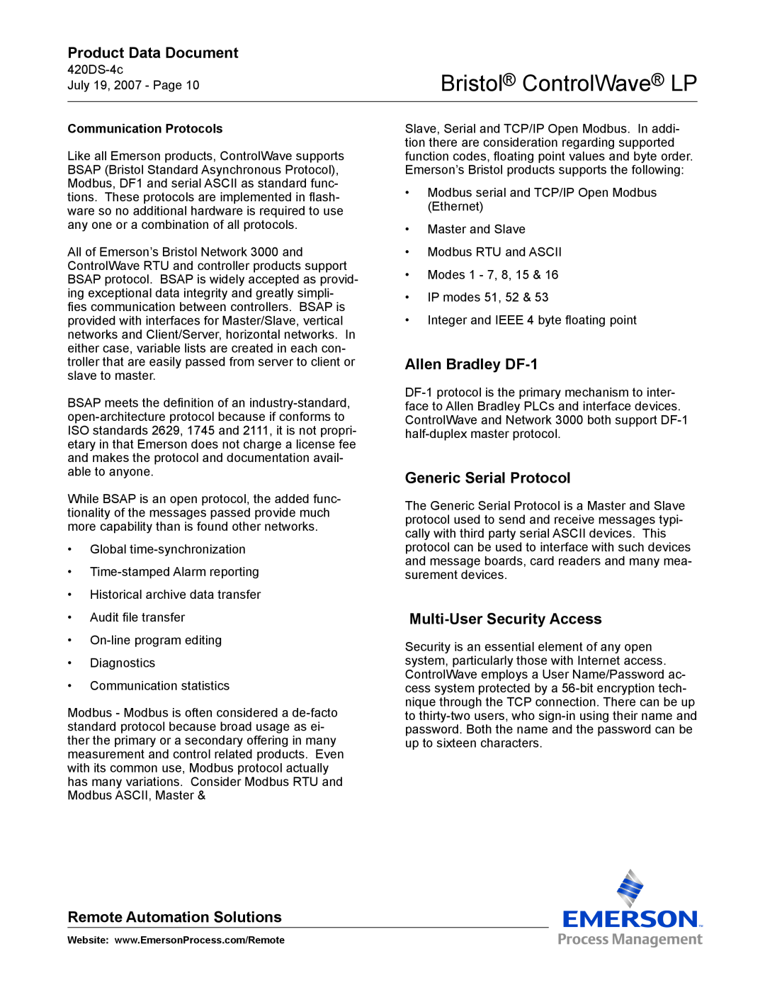 Emerson Process Management ControlWave LP manual Allen Bradley DF-1, Generic Serial Protocol, Multi-User Security Access 