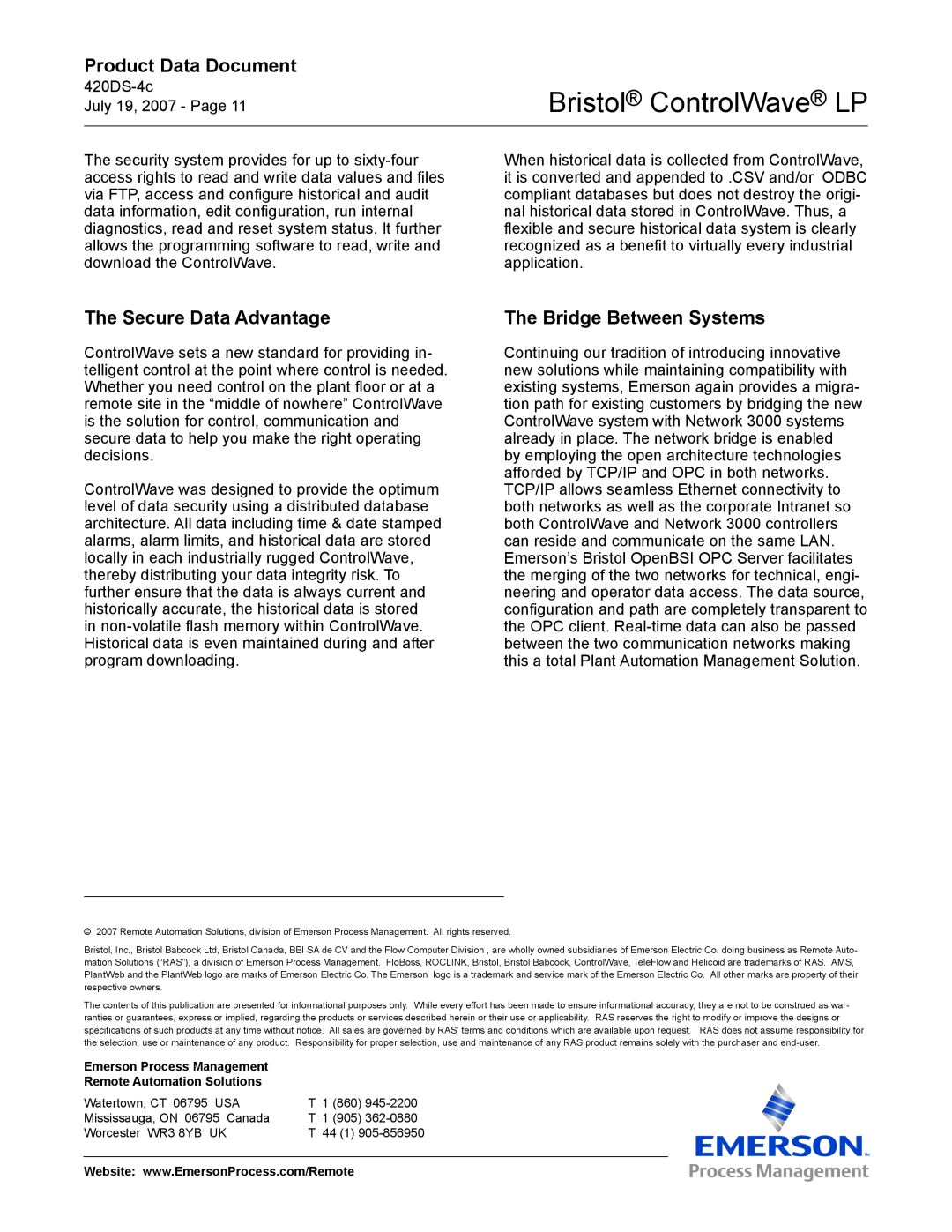 Emerson Process Management manual The Secure Data Advantage, The Bridge Between Systems, Bristol ControlWave LP 