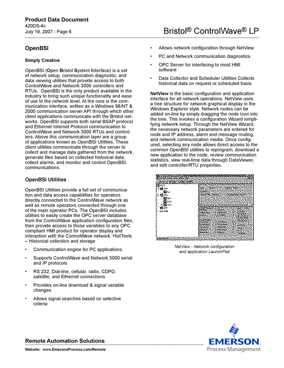 Emerson Process Management manual OpenBSI Utilities, Simply Creative, Bristol ControlWave LP, Product Data Document 