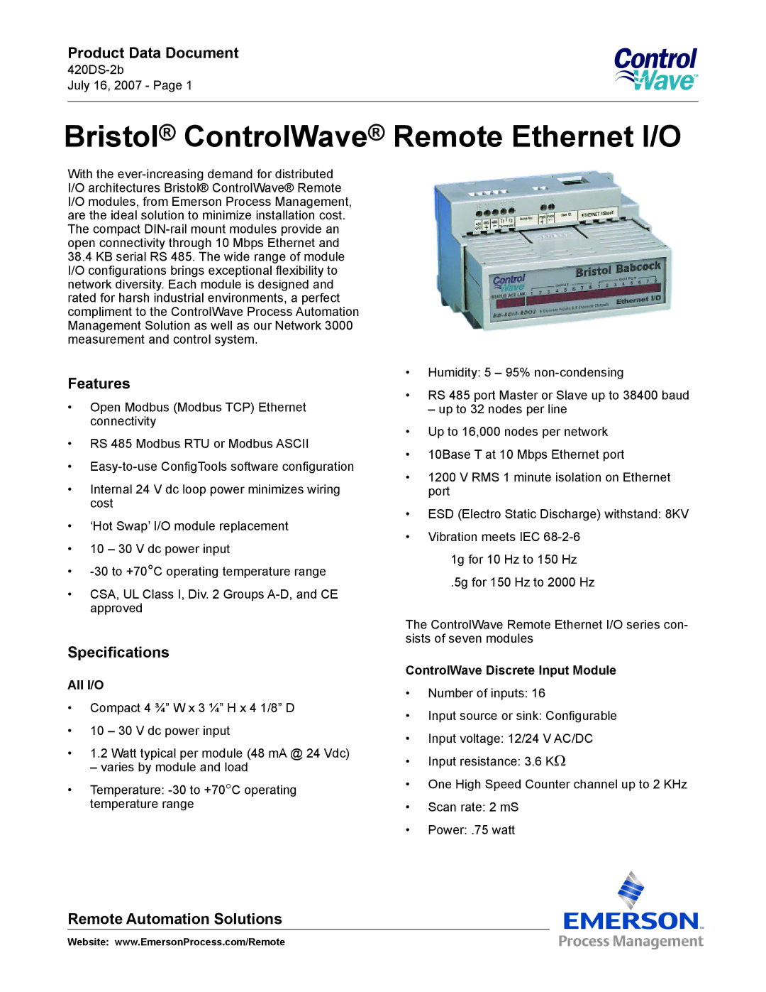 Emerson Process Management ControlWave Remote Ethernet I/O manual Product Data Document, Features, Specifications 