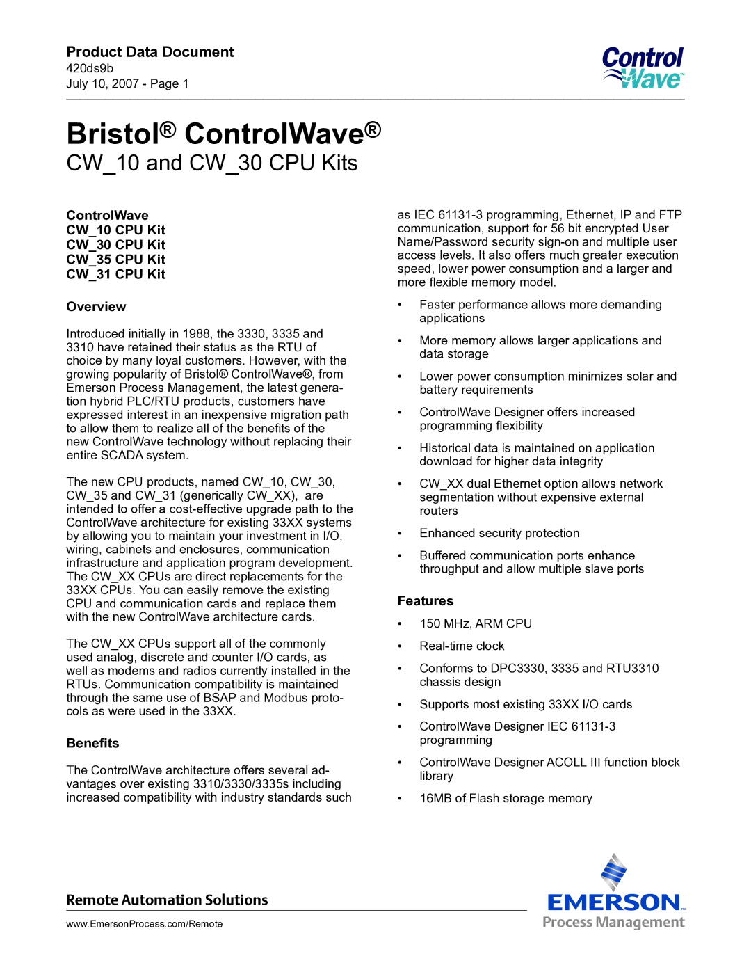 Emerson Process Management CW_35, CW_10, CW_31 manual CW10 and CW30 CPU Kits, Benefits, Features 