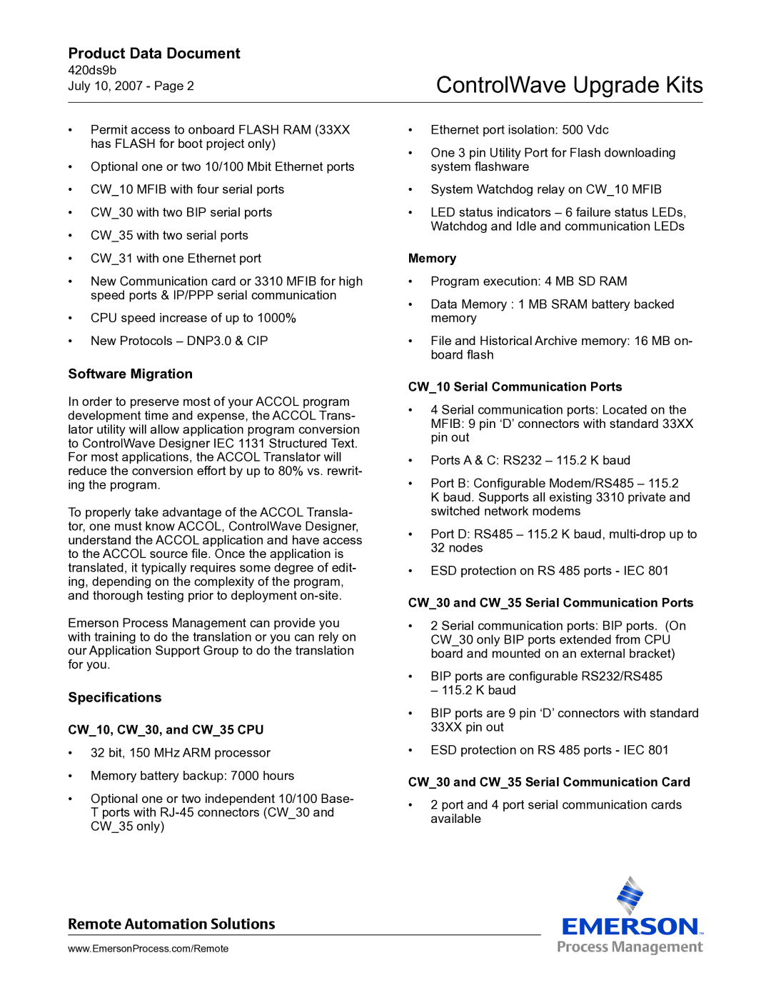 Emerson Process Management CW_31, CW_10, CW_35 manual ControlWave Upgrade Kits, Software Migration, Specifications 