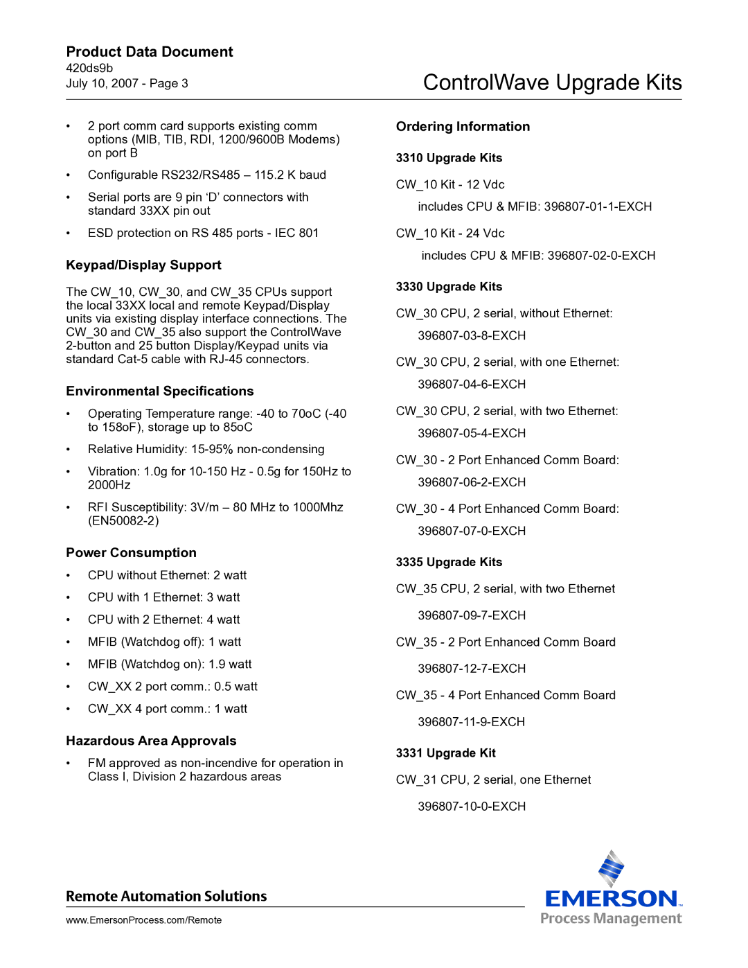 Emerson Process Management CW_10, CW_35, CW_31 manual Keypad/Display Support, Environmental Specifications, Power Consumption 