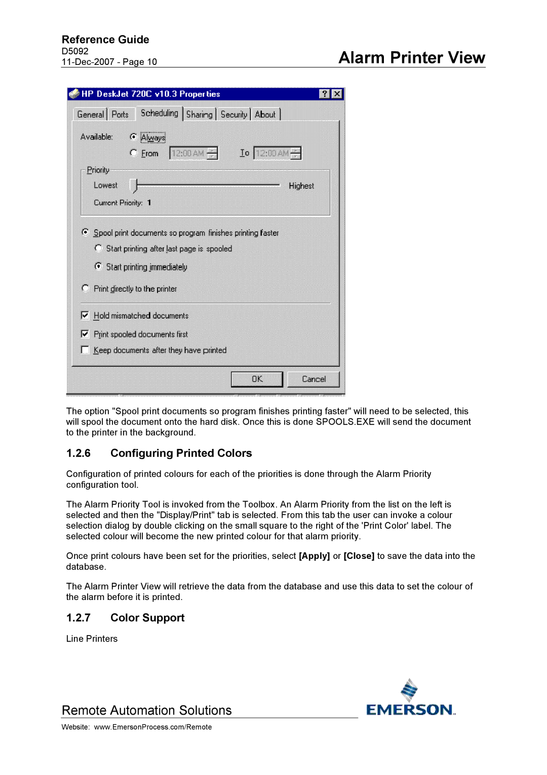 Emerson Process Management D5092 manual Configuring Printed Colors, Color Support 