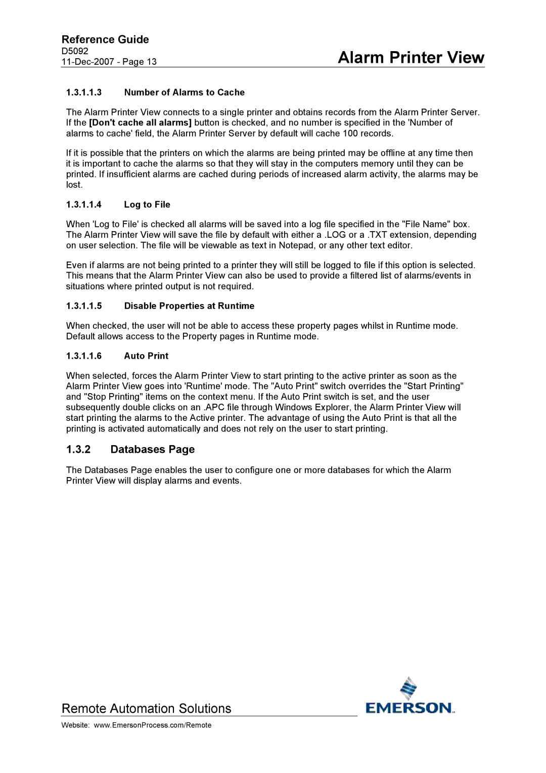 Emerson Process Management D5092 manual Databases, Number of Alarms to Cache, Log to File, Disable Properties at Runtime 