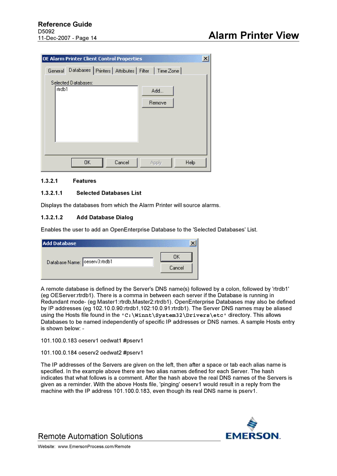 Emerson Process Management D5092 manual Features Selected Databases List, Add Database Dialog 